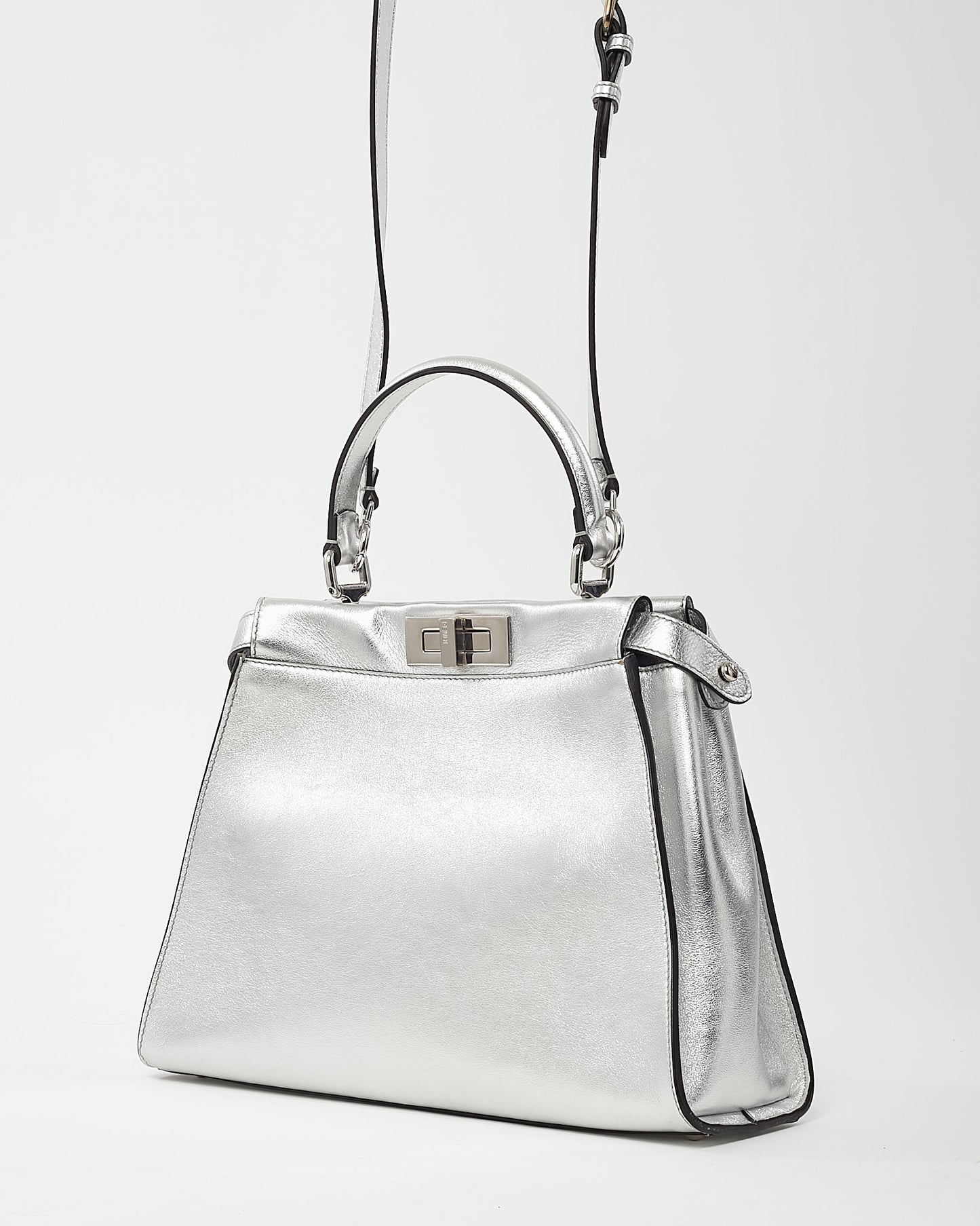 Fendi Metallic Silver Calf Leather Medium Peekaboo Iconic 2Way Bag