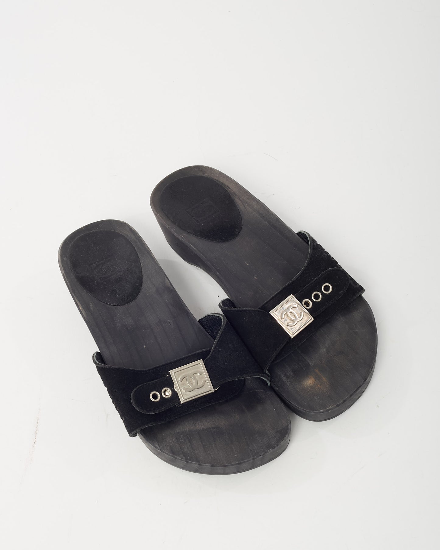 Chanel 2000s Black Suede Silver CC Logo Platform Wood Sandals - 35