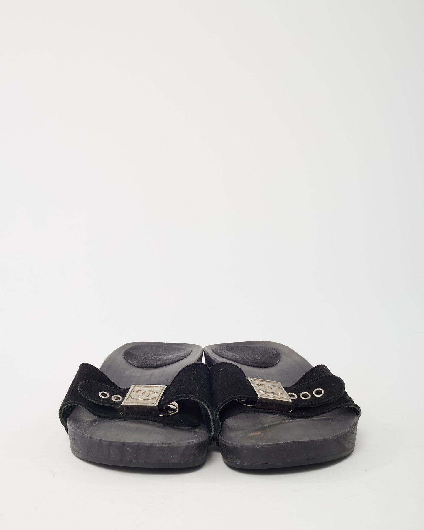 Chanel 2000s Black Suede Silver CC Logo Platform Wood Sandals - 35
