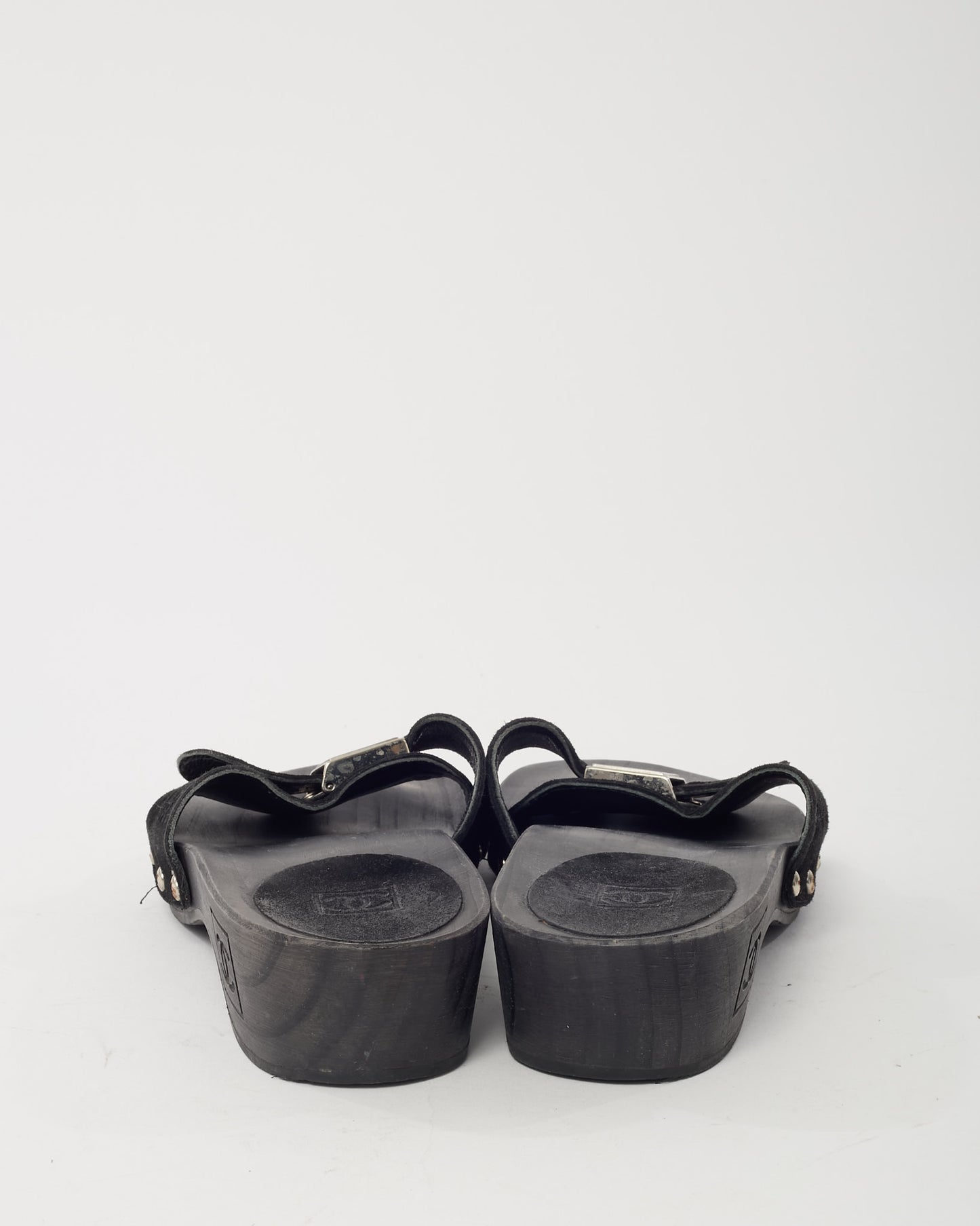 Chanel 2000s Black Suede Silver CC Logo Platform Wood Sandals - 35