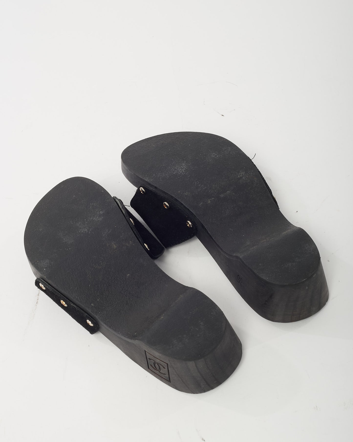 Chanel 2000s Black Suede Silver CC Logo Platform Wood Sandals - 35