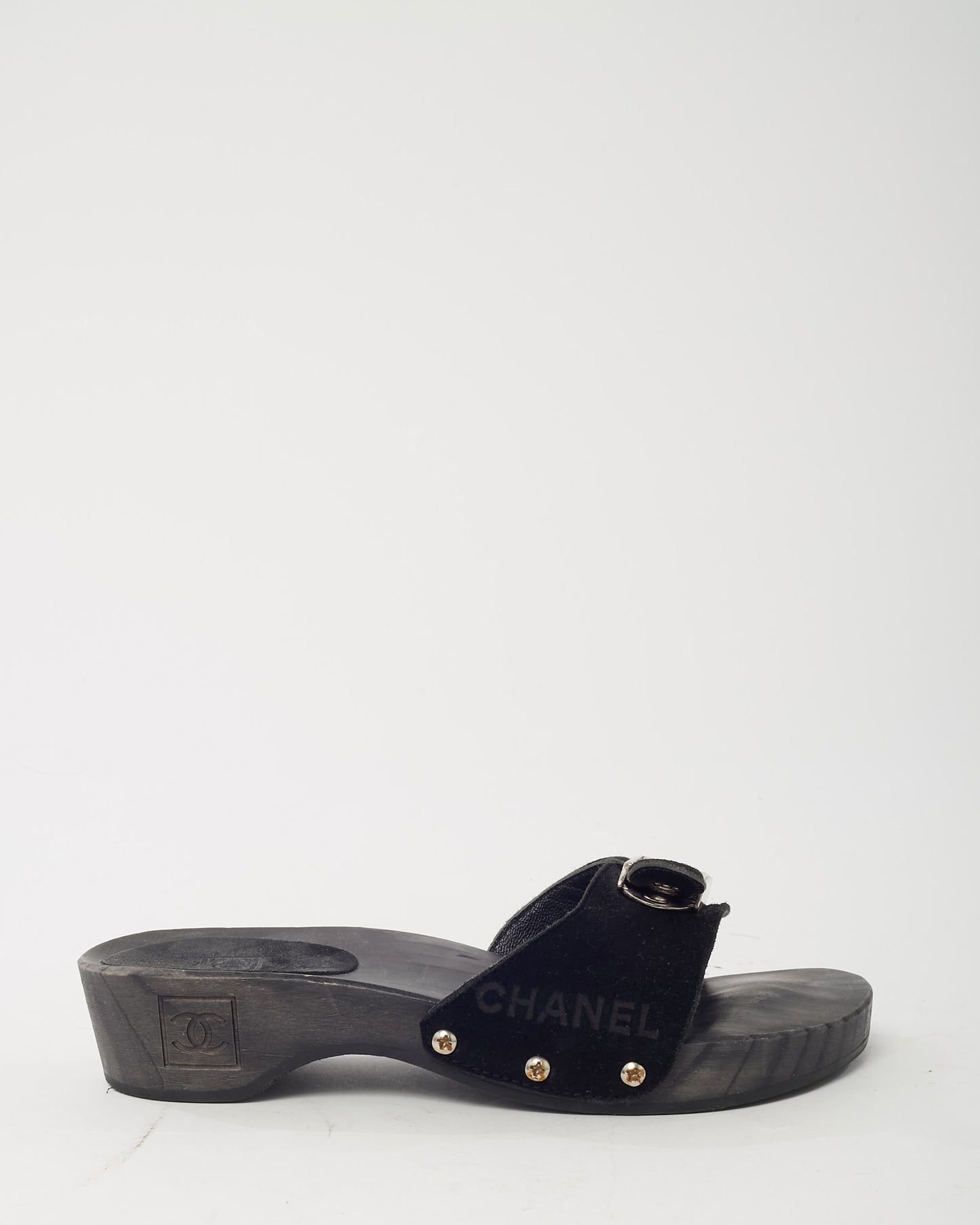 Chanel 2000s Black Suede Silver CC Logo Platform Wood Sandals - 35