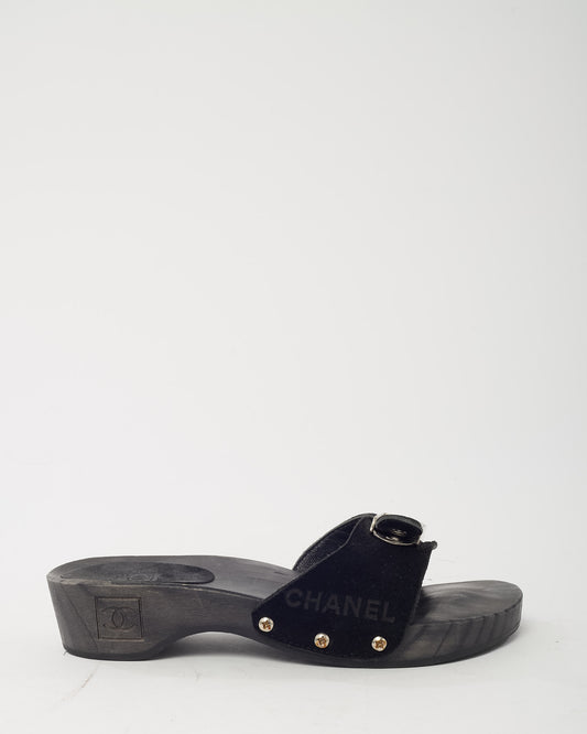 Chanel 2000s Black Suede Silver CC Logo Platform Wood Sandals - 35