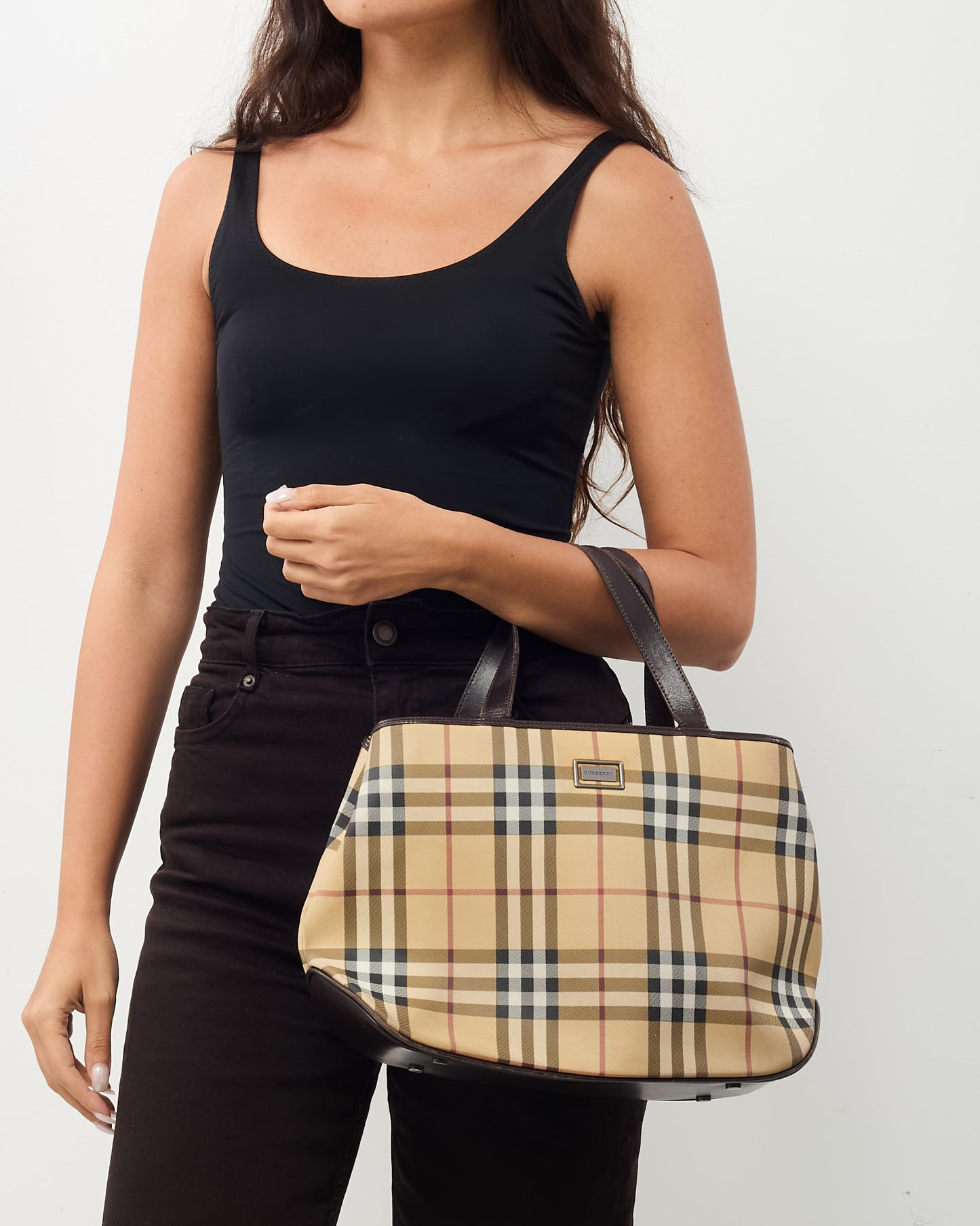 Burberry Vintage Beige Nova Check Coated Canvas Top Handle Tote Bag