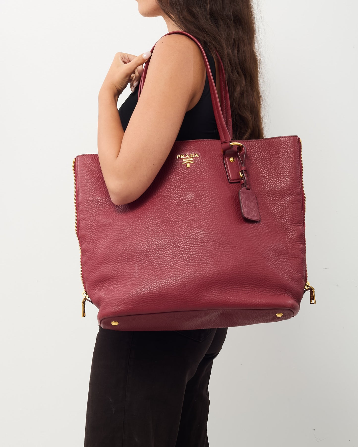 Prada Red Vitello Daino Leather Large Zip Tote Bag