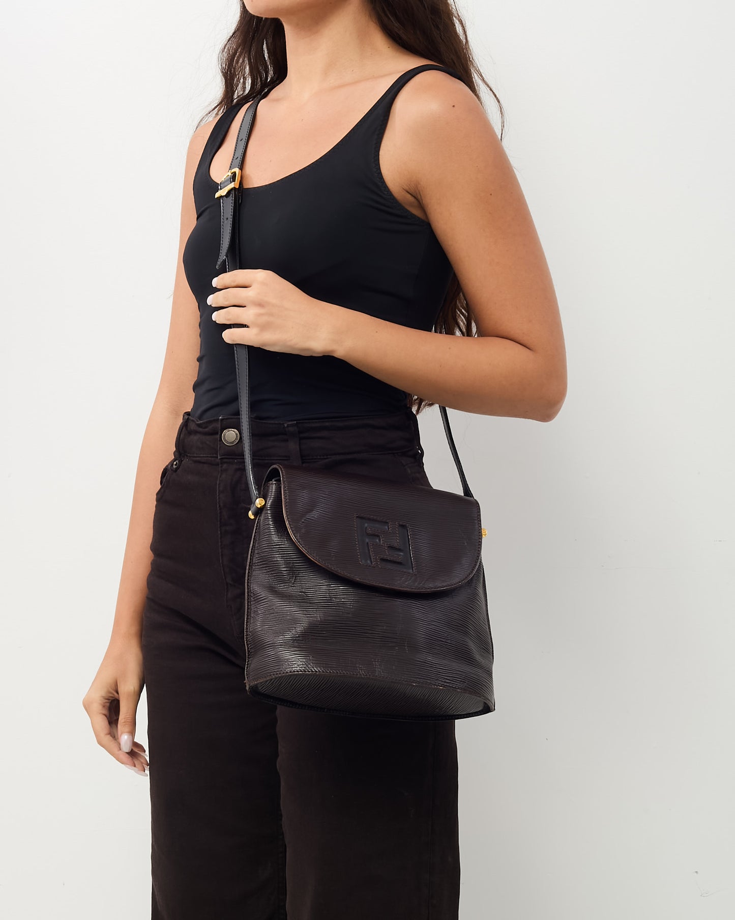 Fendi Vintage Black Epi Leather FF Embossed Crossbody Bag