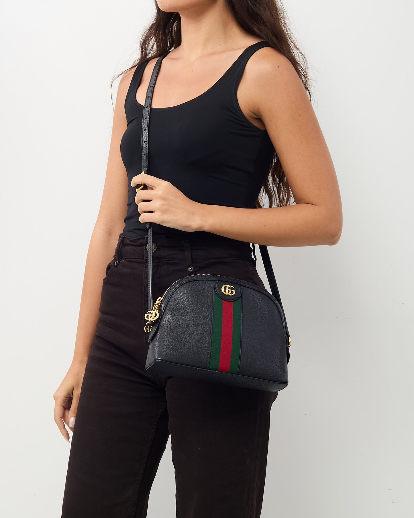Gucci Black Calfskin Leather GG Web Small Ophidia Dome Shoulder Bag