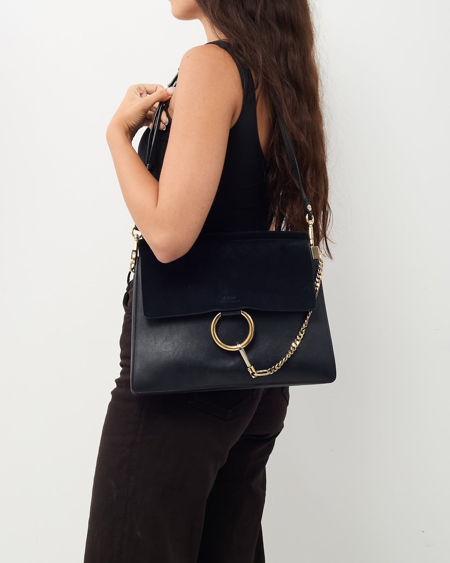 Chloé Black Leather & Suede Medium Faye Shoulder Bag
