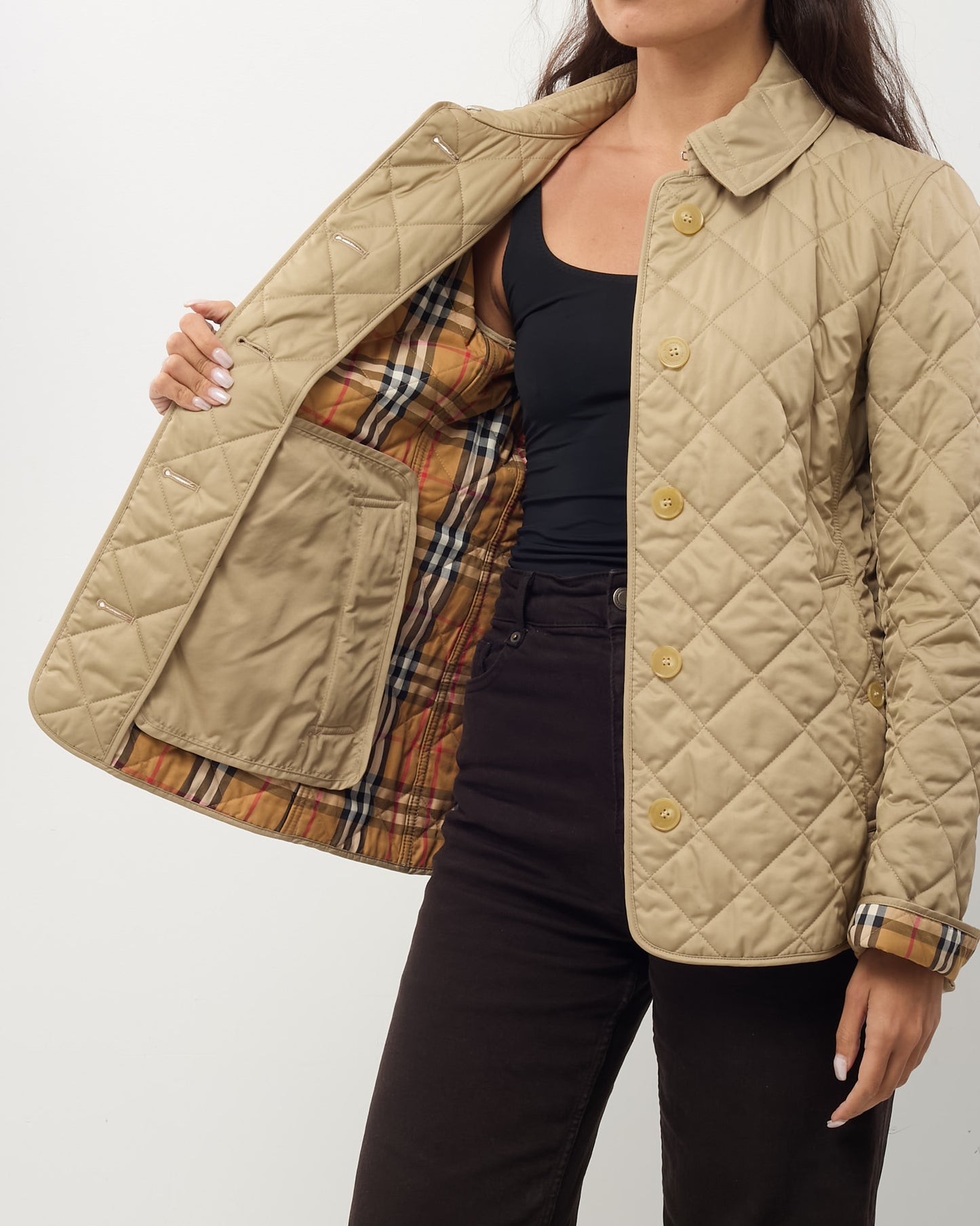 Burberry Beige Quilted Nylon and Check Detail Padded Jacket - M