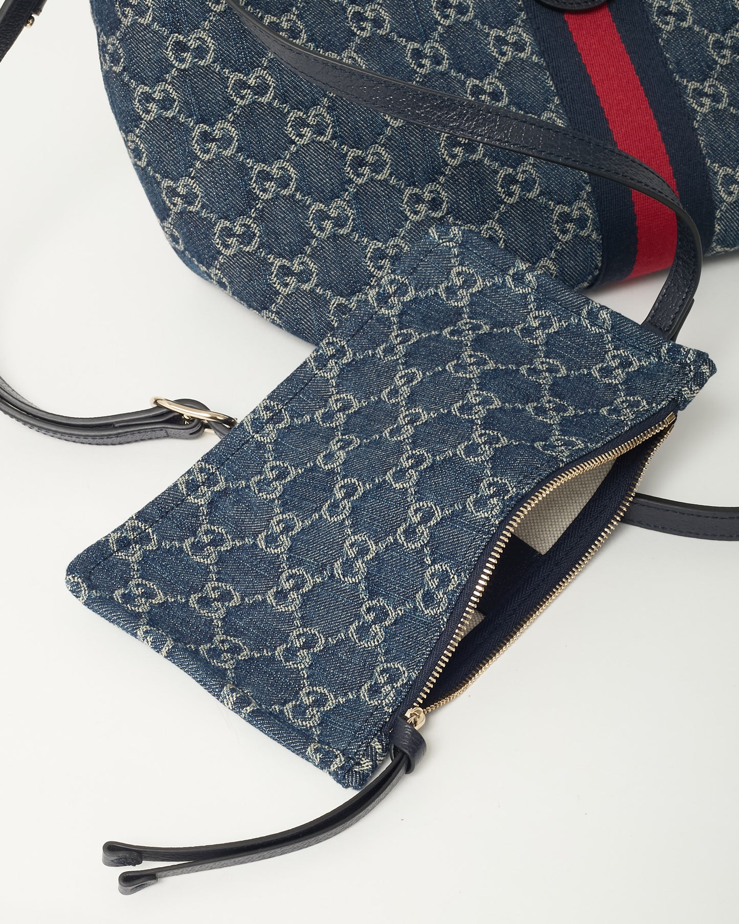 Gucci Blue and White GG Denim Small Giglio Tote with Strap