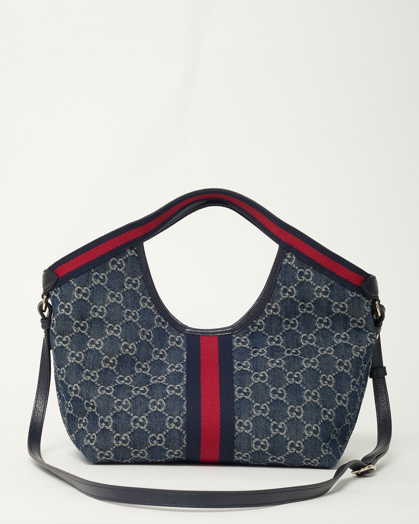 Gucci Blue and White GG Denim Small Giglio Tote with Strap