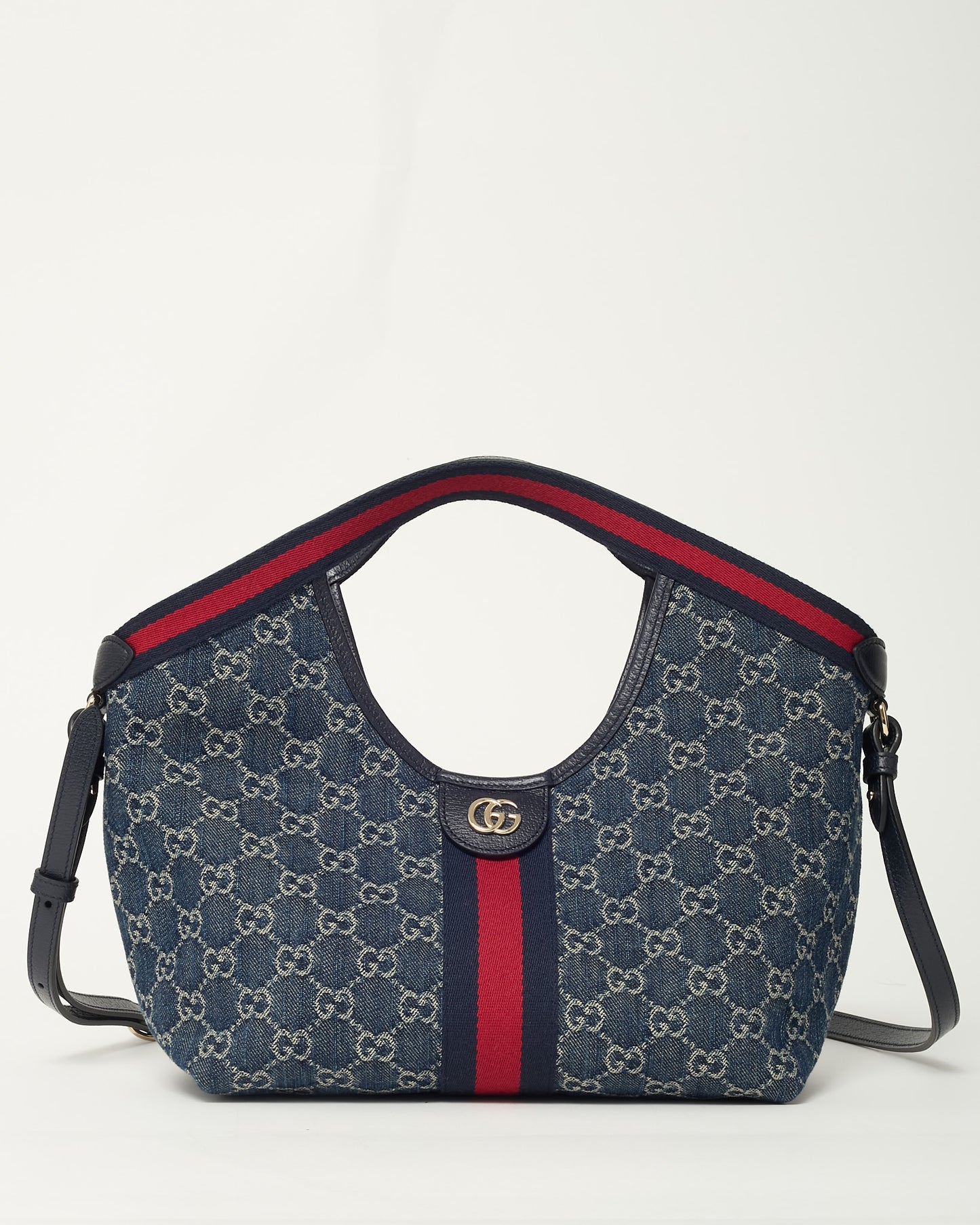 Gucci Blue and White GG Denim Small Giglio Tote with Strap
