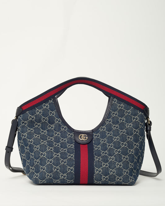 Gucci Blue and White GG Denim Small Giglio Tote with Strap