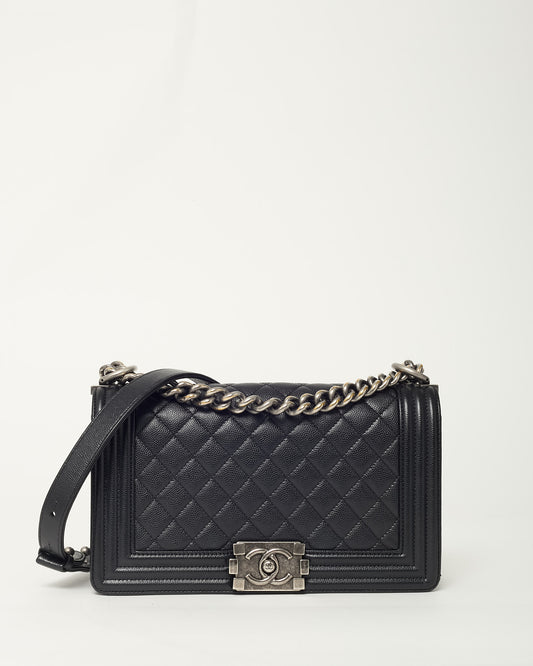 Chanel Black Quilted Caviar Leather Medium Boy Bag SHW