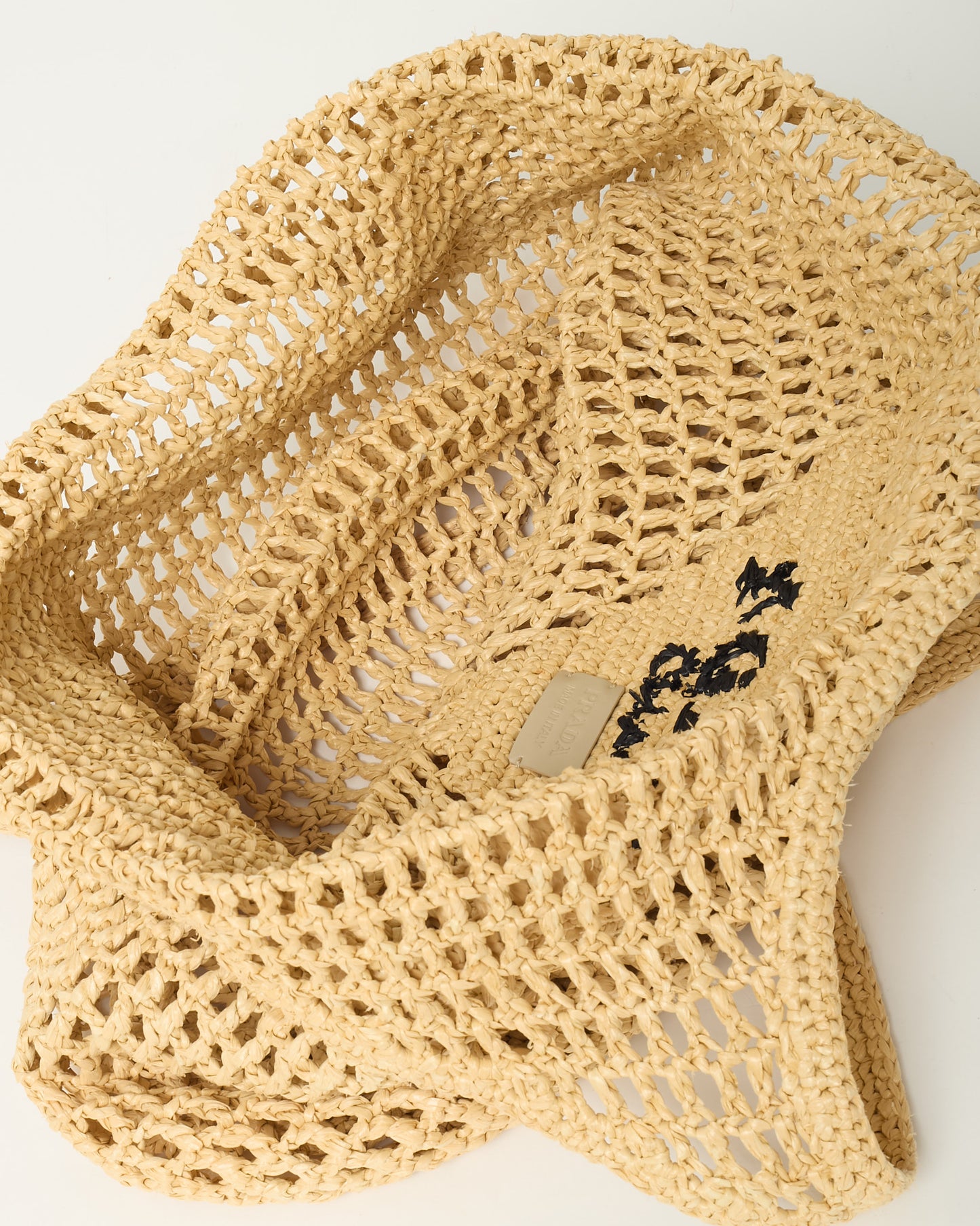 Prada Naturale Beige Yarn Raffia Effect Crochet Logo Embroidered Shopping Tote Bag