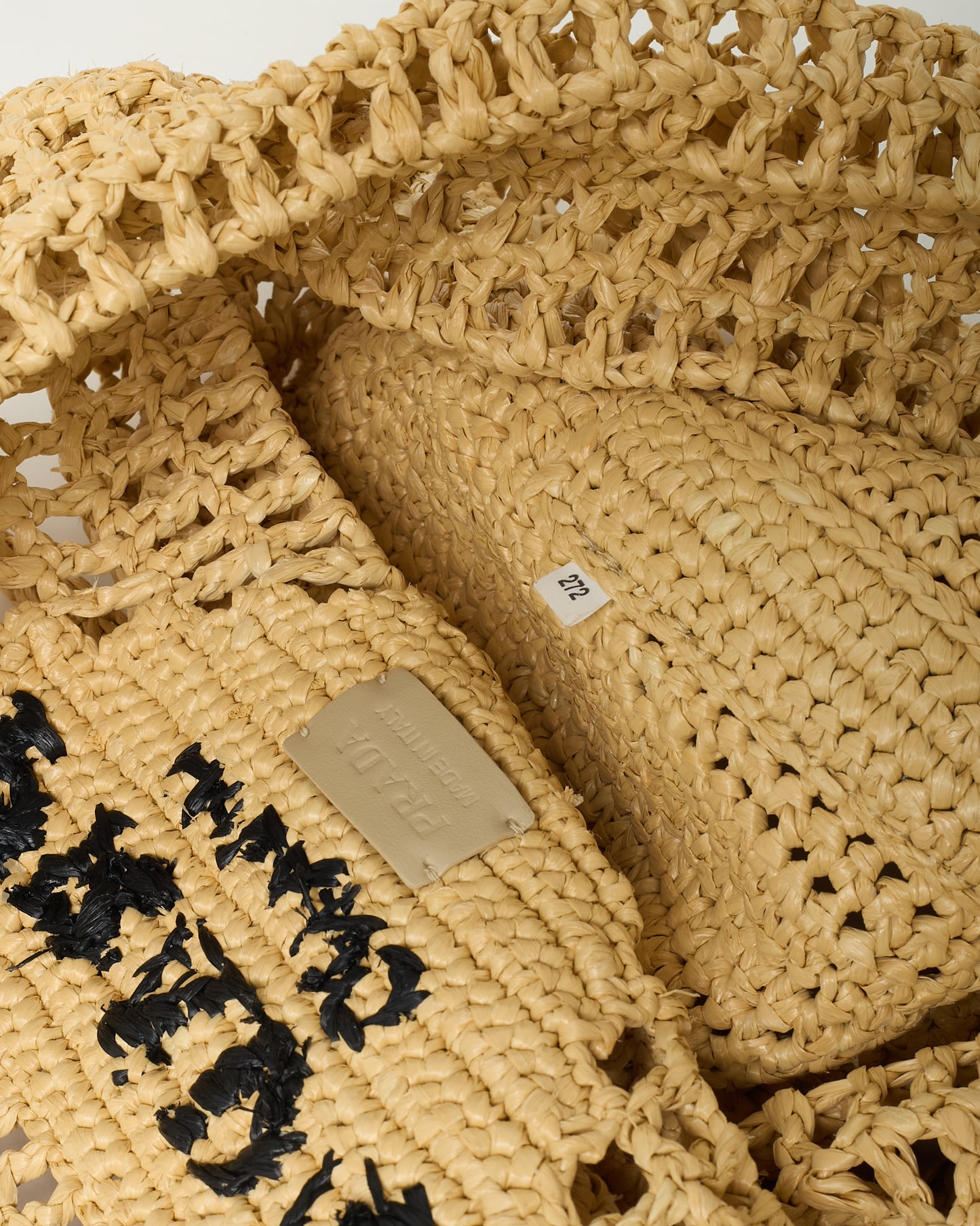 Prada Naturale Beige Yarn Raffia Effect Crochet Logo Embroidered Shopping Tote Bag