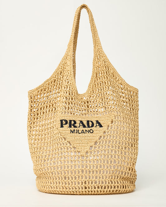Prada Naturale Beige Yarn Raffia Effect Crochet Logo Embroidered Shopping Tote Bag