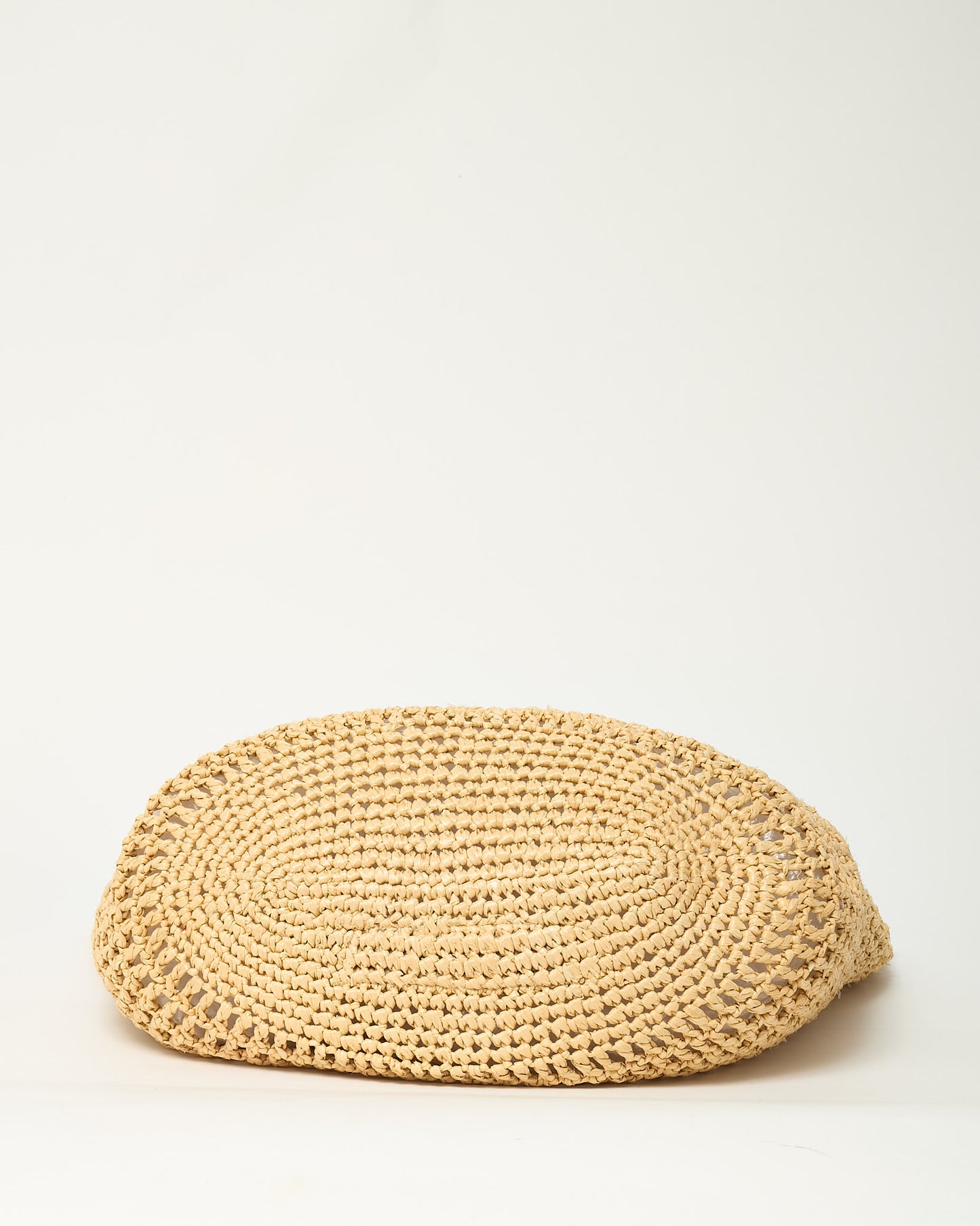 Prada Naturale Beige Yarn Raffia Effect Crochet Logo Embroidered Shopping Tote Bag