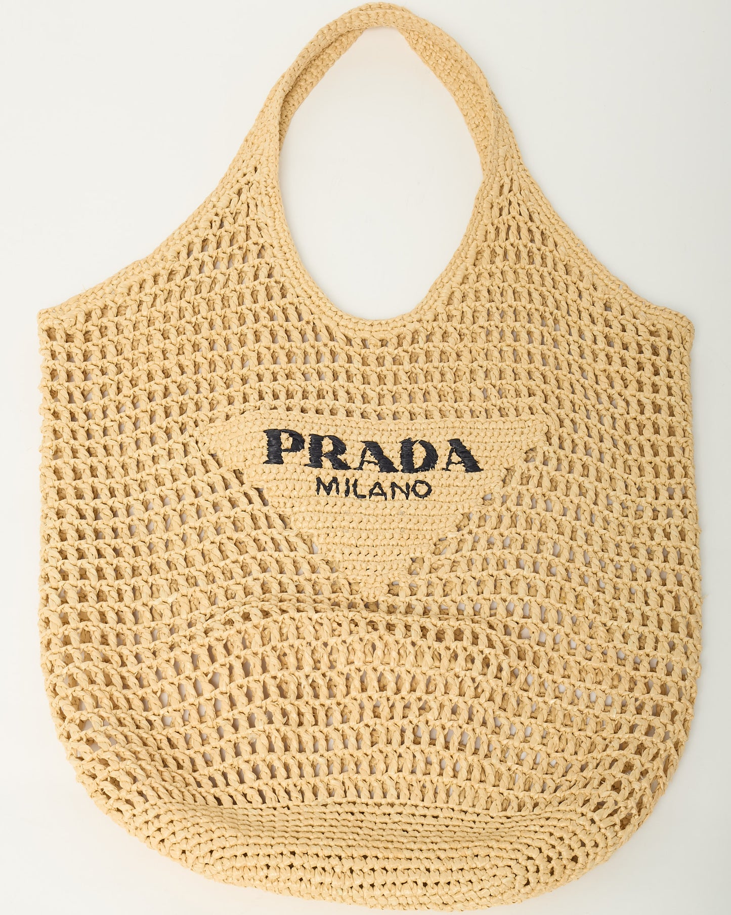 Prada Naturale Beige Yarn Raffia Effect Crochet Logo Embroidered Shopping Tote Bag