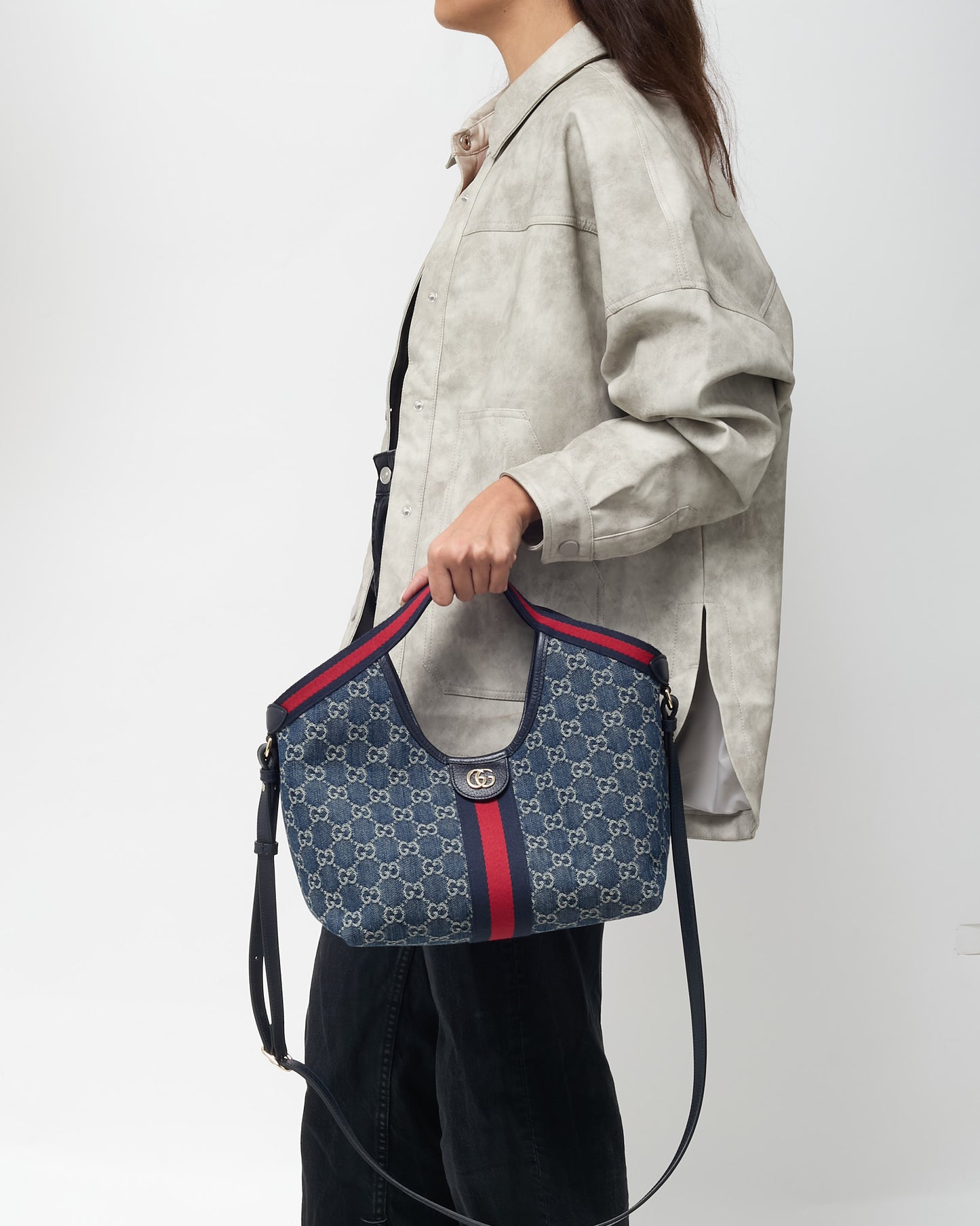 Gucci Blue and White GG Denim Small Giglio Tote with Strap