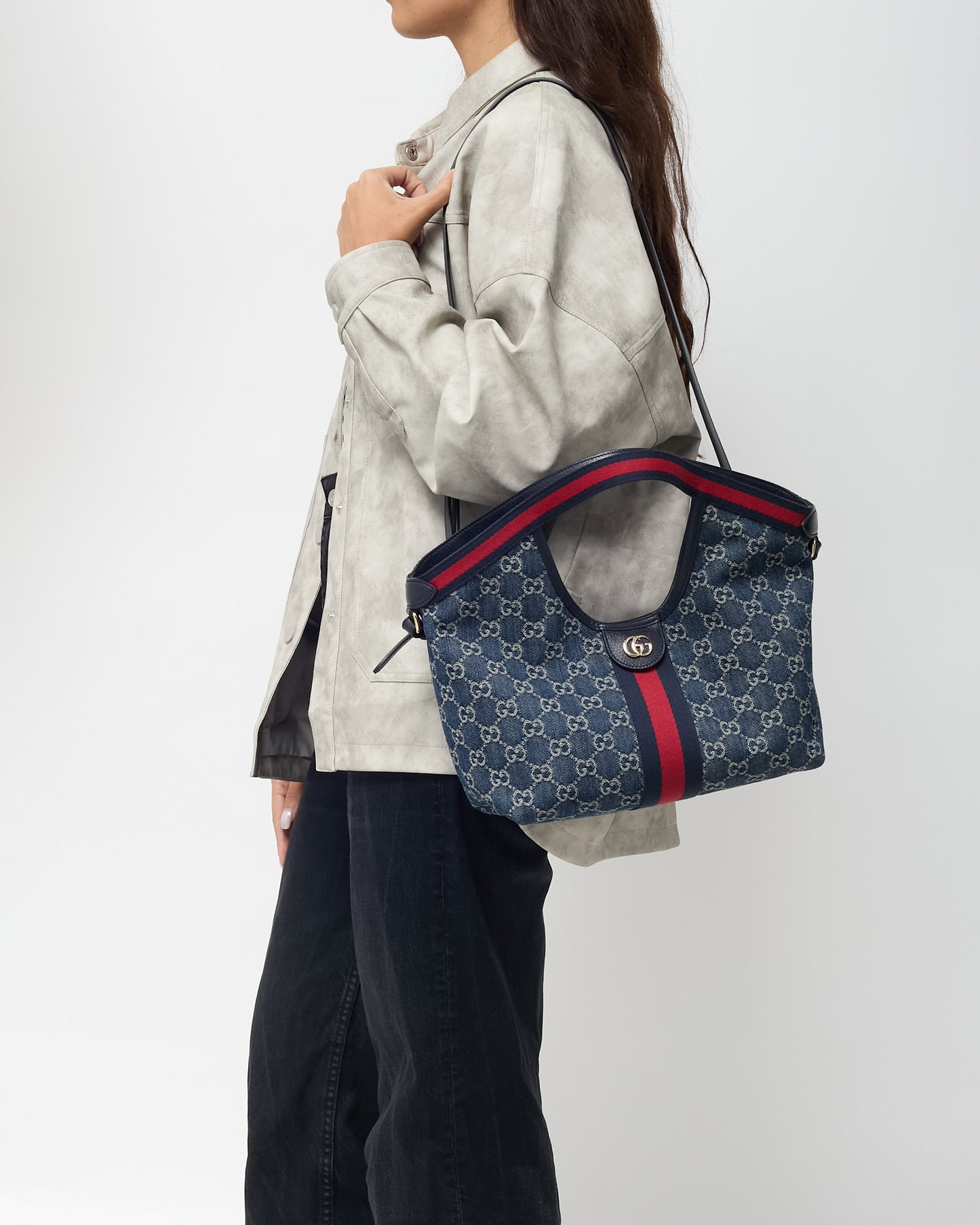 Gucci Blue and White GG Denim Small Giglio Tote with Strap
