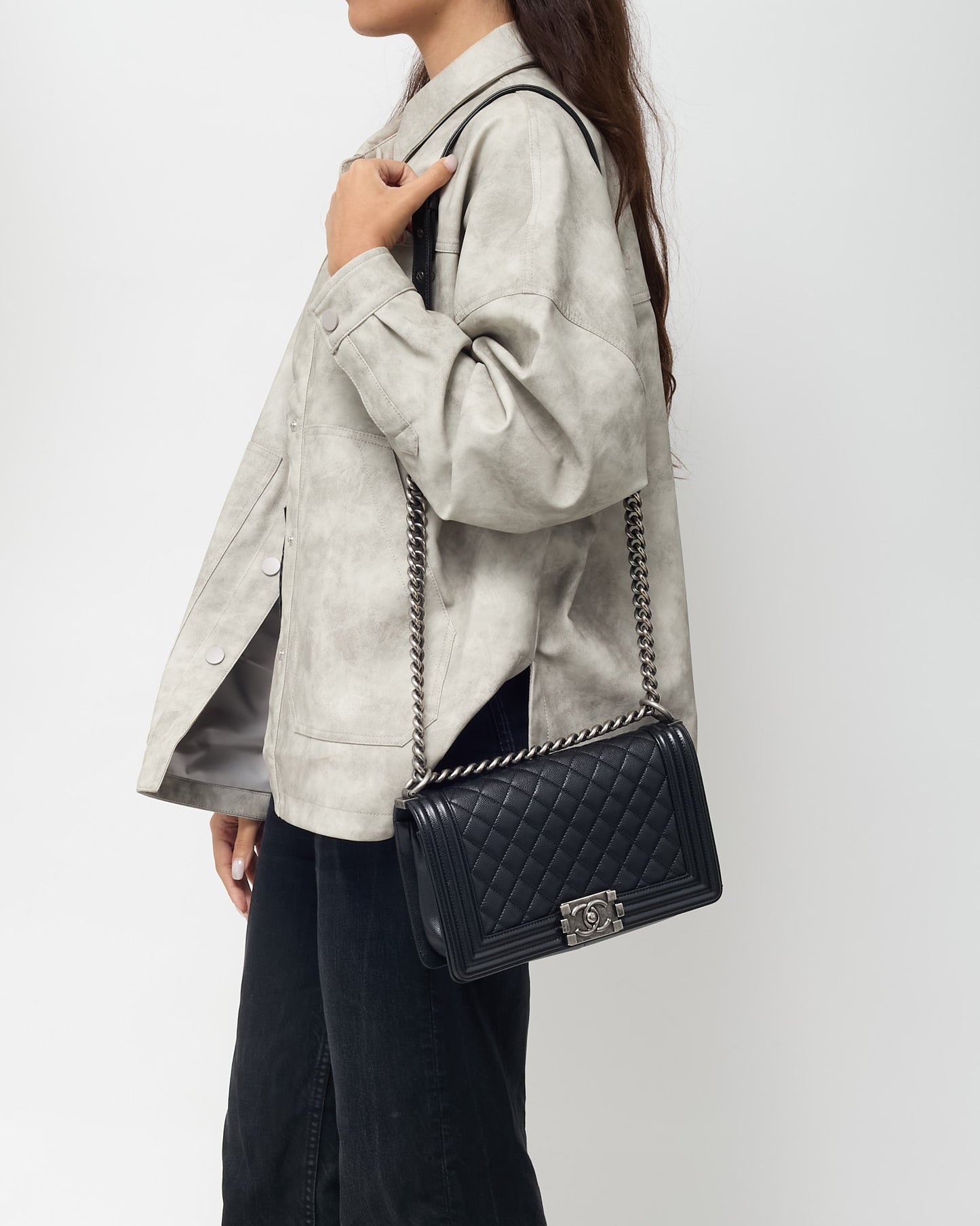 Chanel Black Quilted Caviar Leather Medium Boy Bag SHW