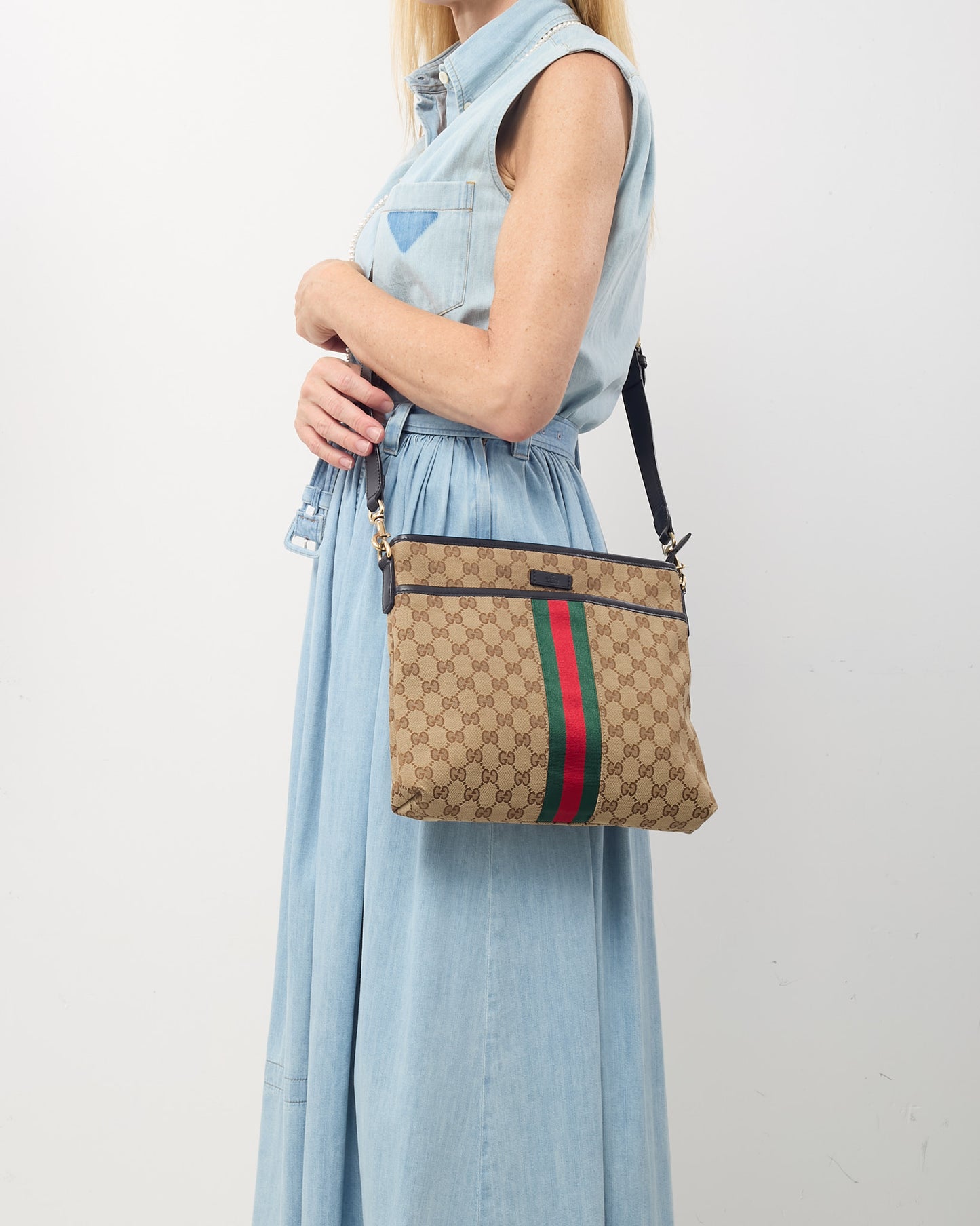 Gucci Beige and Brown GG Monogram Canvas Web Flat Messenger Crossbody Bag