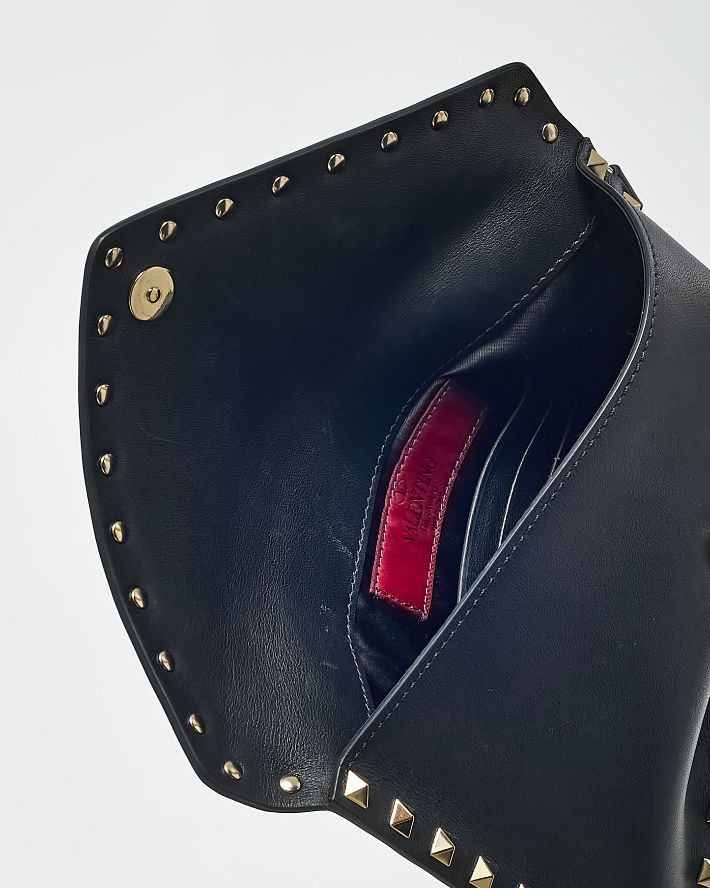 Valentino Black Leather GHW Rockstud Small Envelope Wristlet Pouch Clutch