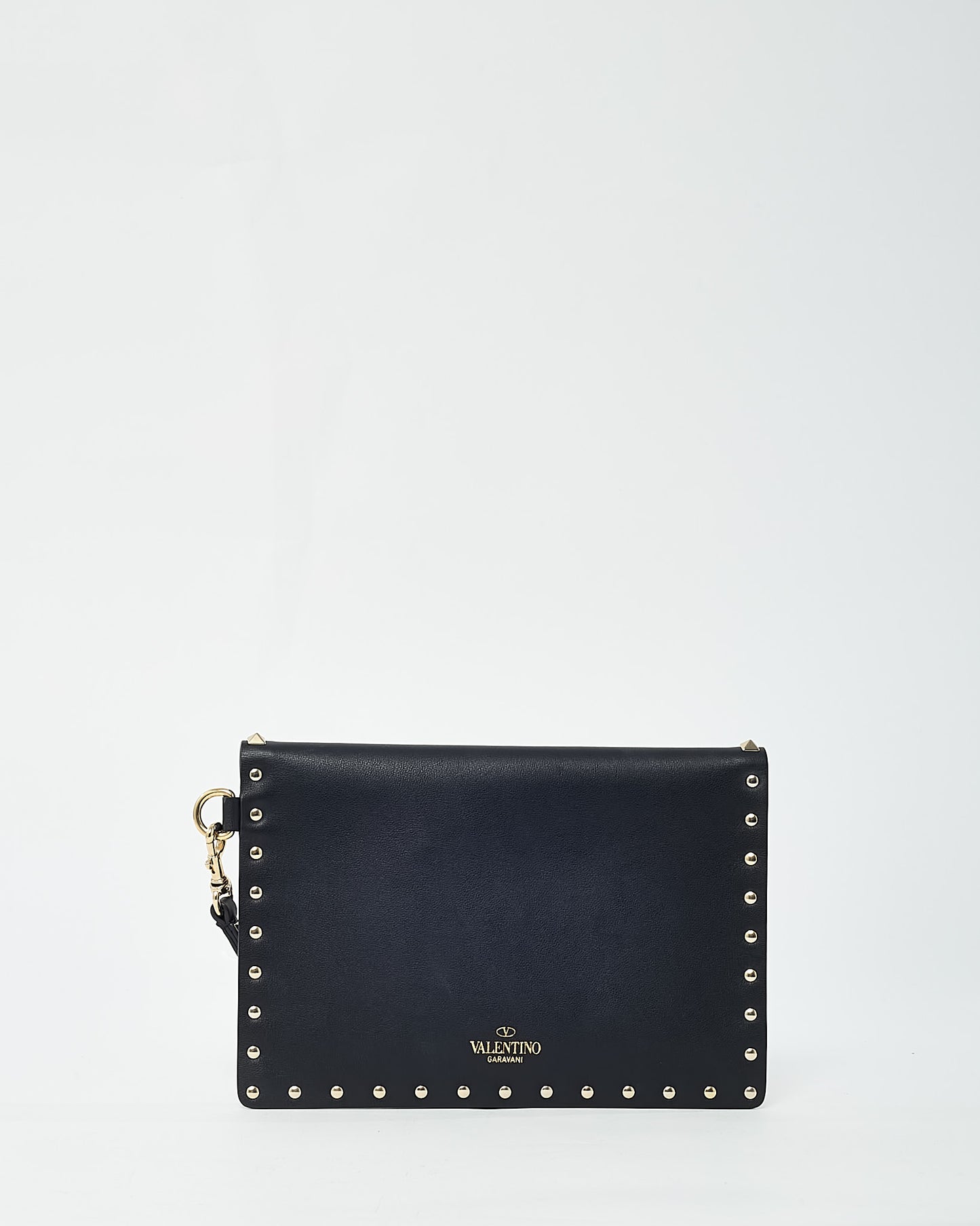 Valentino Black Leather GHW Rockstud Small Envelope Wristlet Pouch Clutch