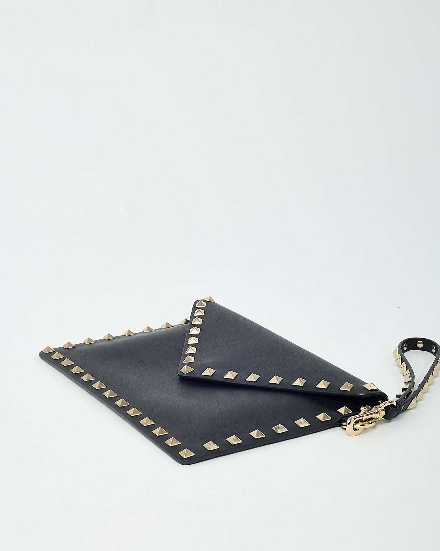 Valentino Black Leather GHW Rockstud Small Envelope Wristlet Pouch Clutch