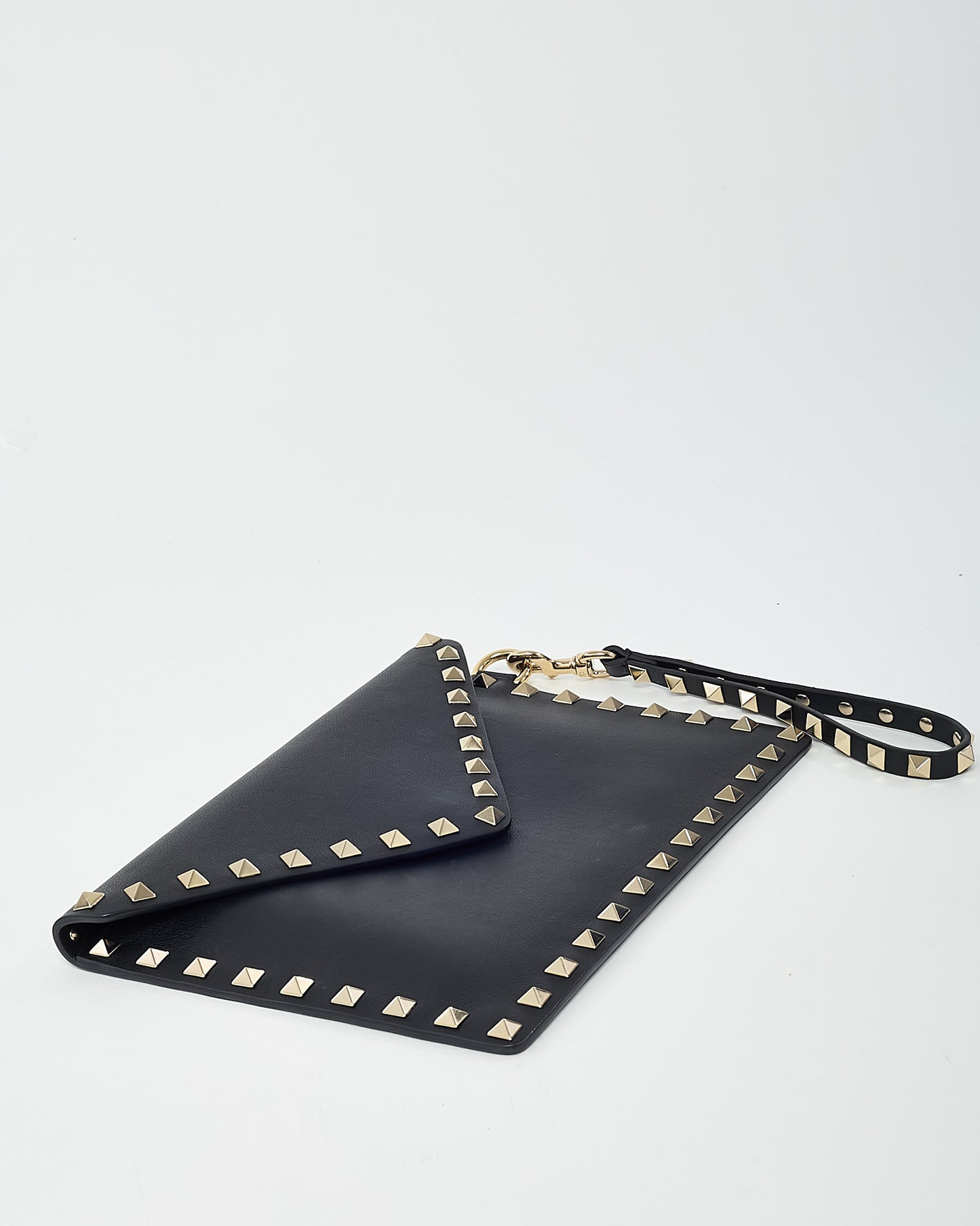 Valentino Black Leather GHW Rockstud Small Envelope Wristlet Pouch Clutch