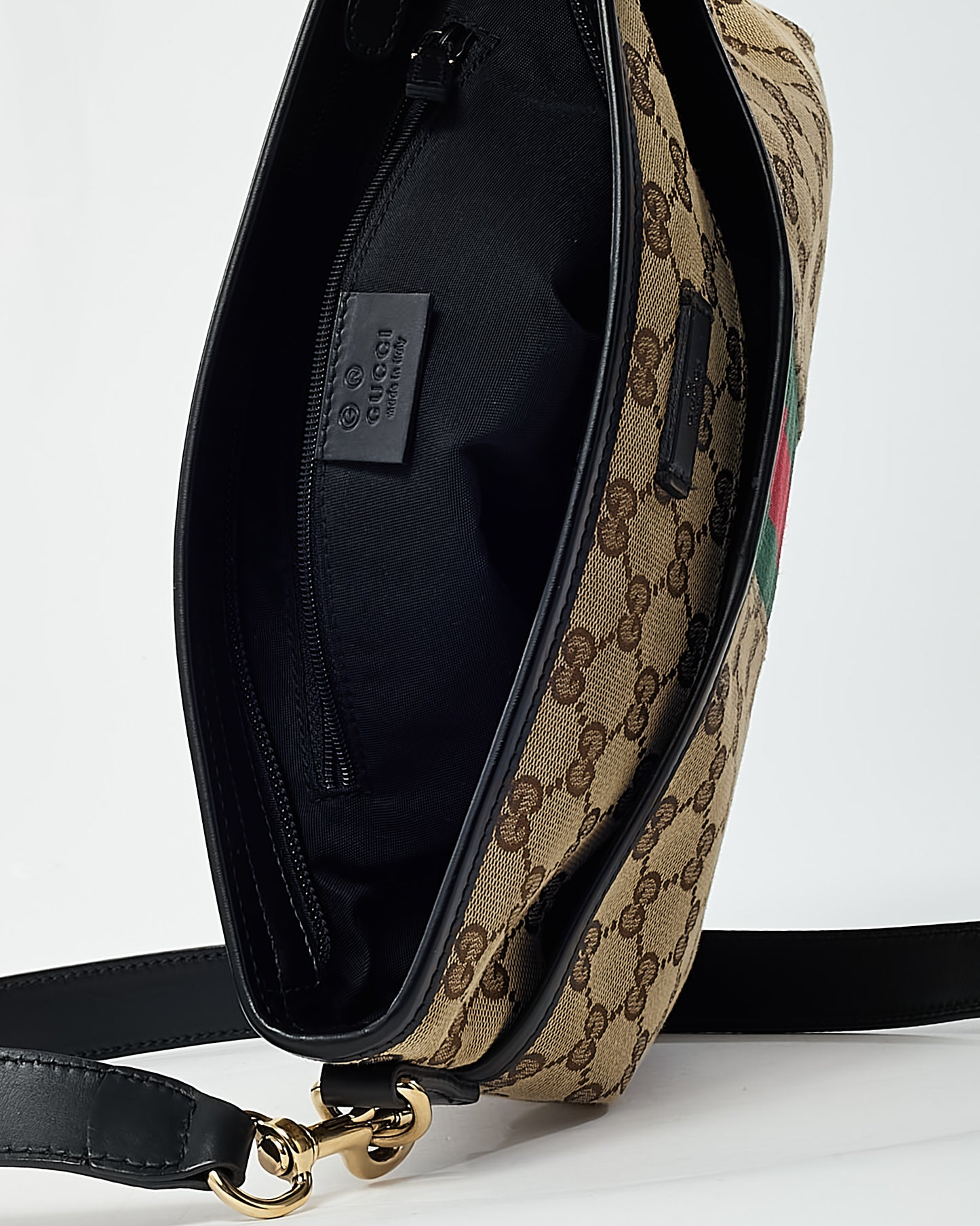 Gucci Beige and Brown GG Monogram Canvas Web Flat Messenger Crossbody Bag