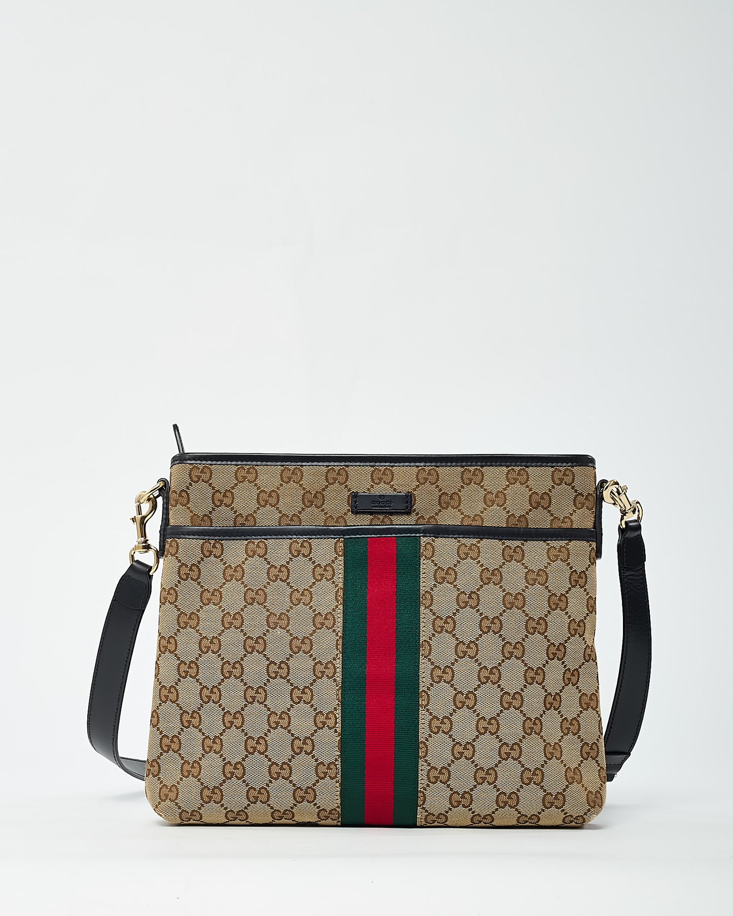 Gucci Beige and Brown GG Monogram Canvas Web Flat Messenger Crossbody Bag