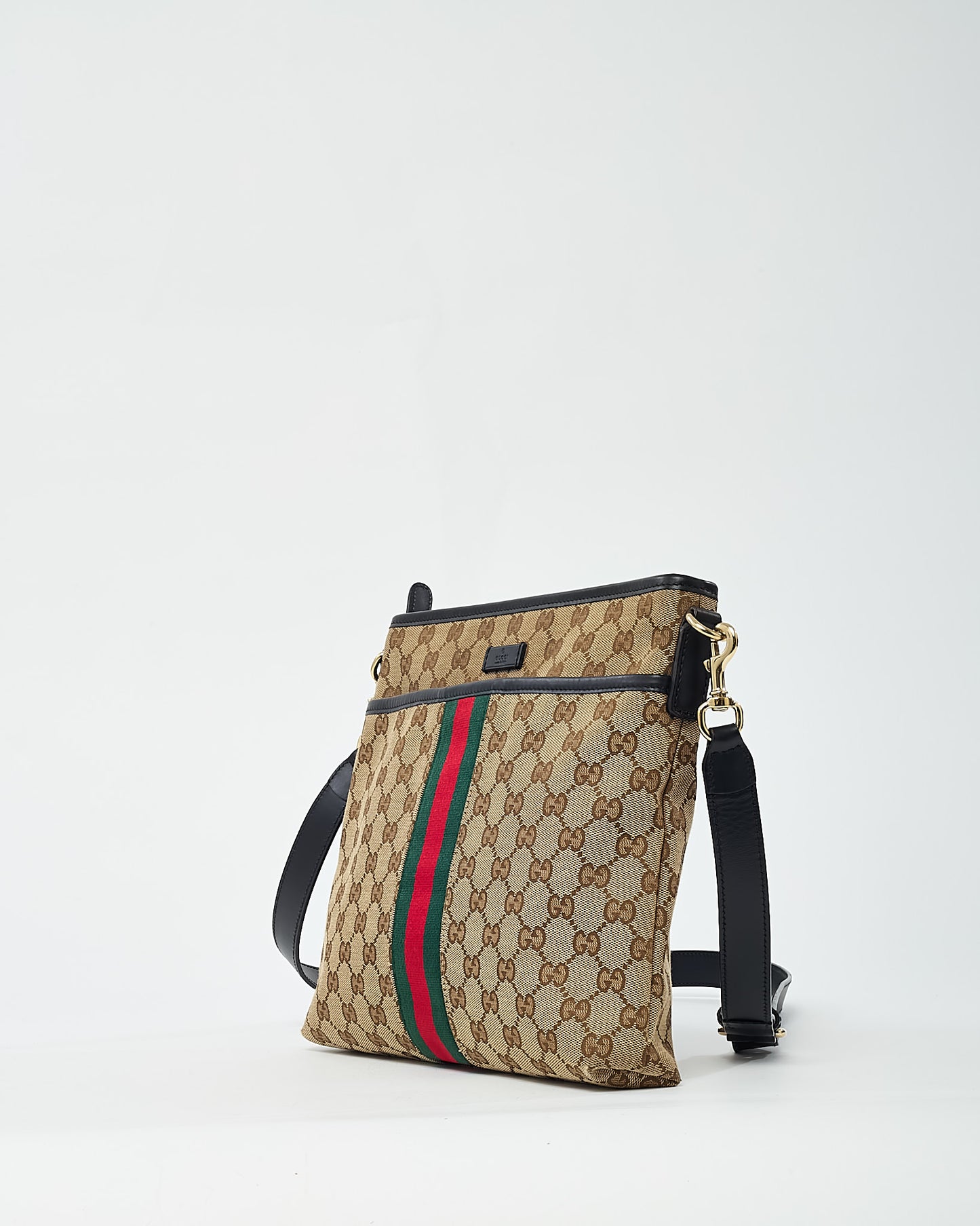 Gucci Beige and Brown GG Monogram Canvas Web Flat Messenger Crossbody Bag