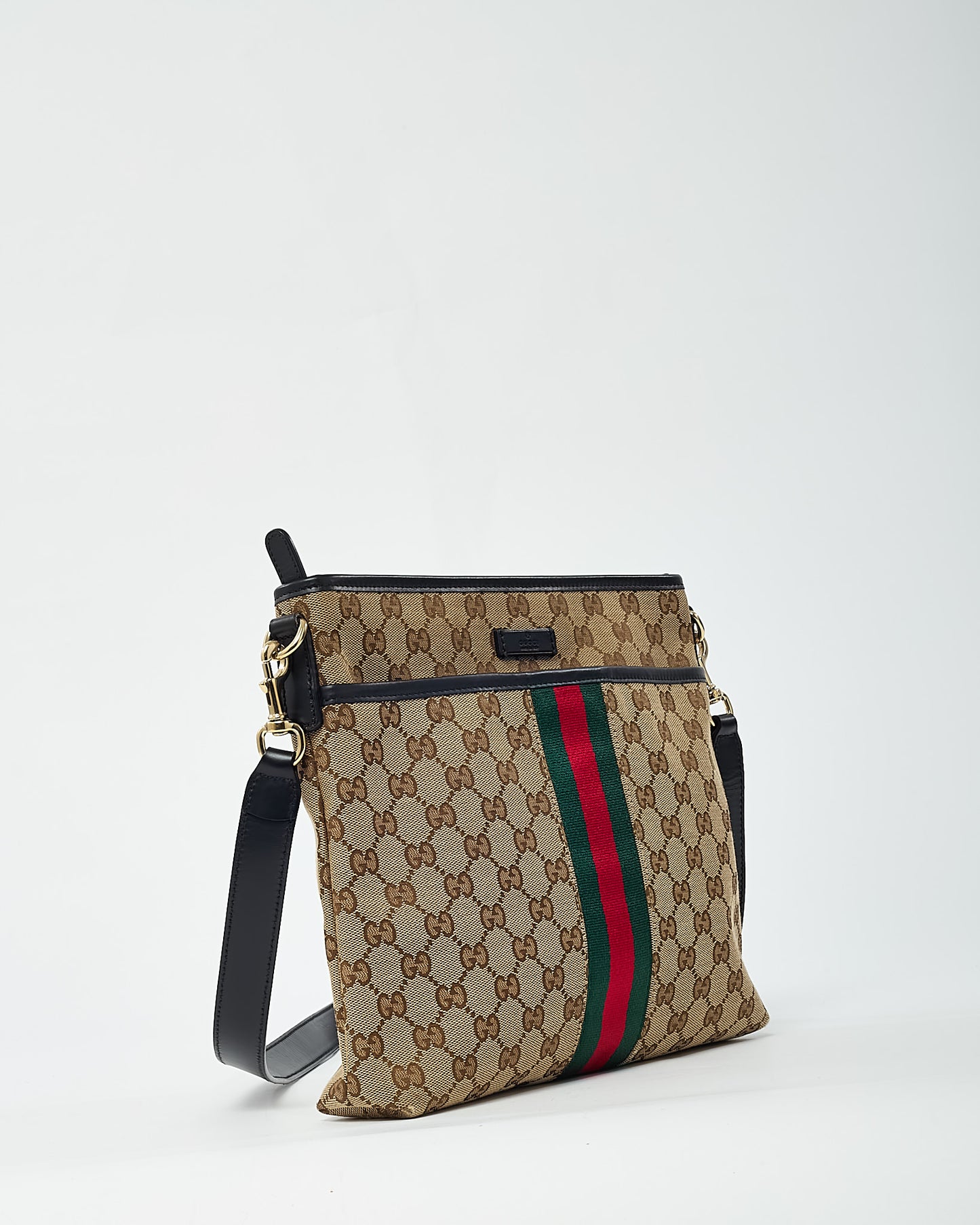 Gucci Beige and Brown GG Monogram Canvas Web Flat Messenger Crossbody Bag