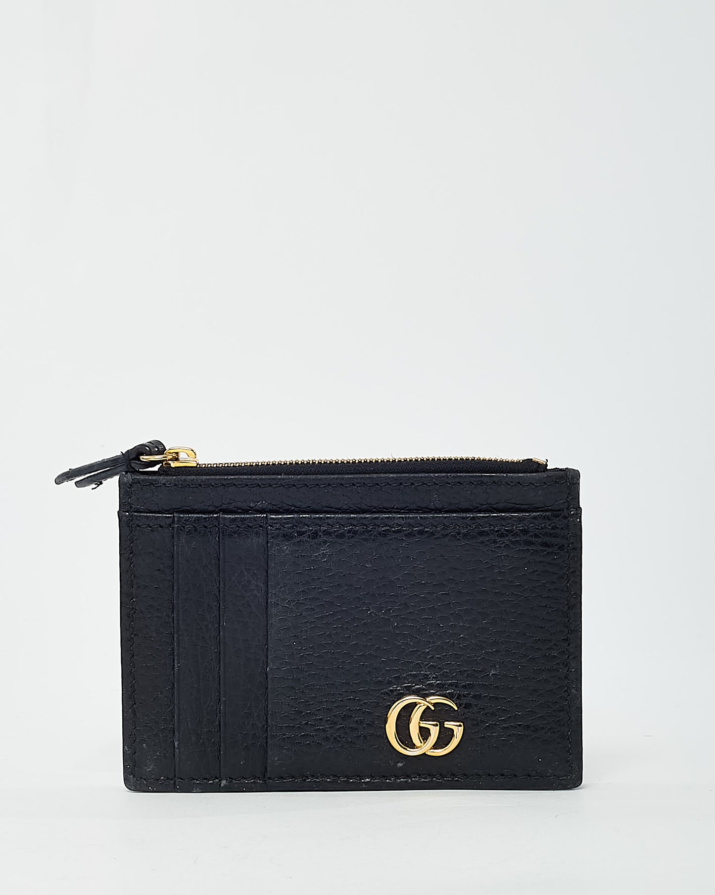 Gucci Black Pebbled Leather GG Marmont Zip Card Case Wallet