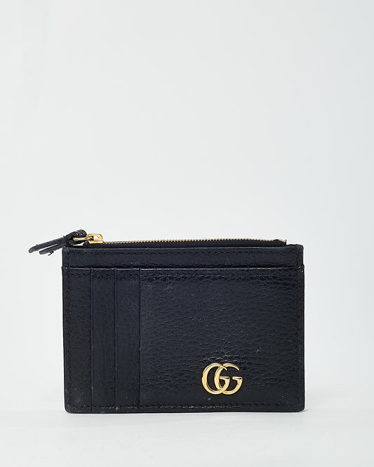Gucci Black Pebbled Leather GG Marmont Zip Card Case Wallet