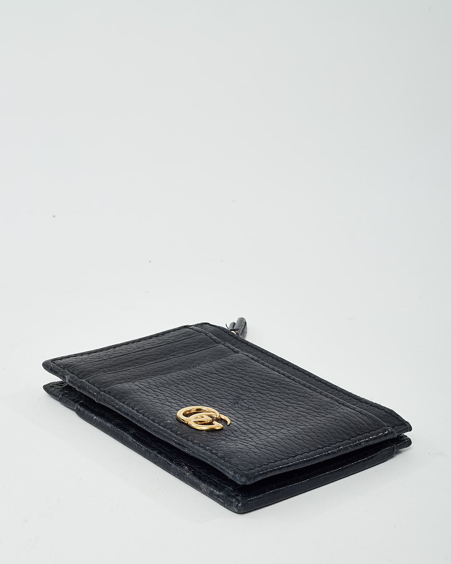 Gucci Black Pebbled Leather GG Marmont Zip Card Case Wallet