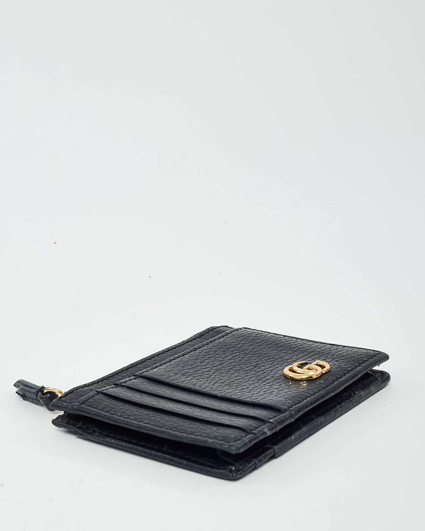 Gucci Black Pebbled Leather GG Marmont Zip Card Case Wallet