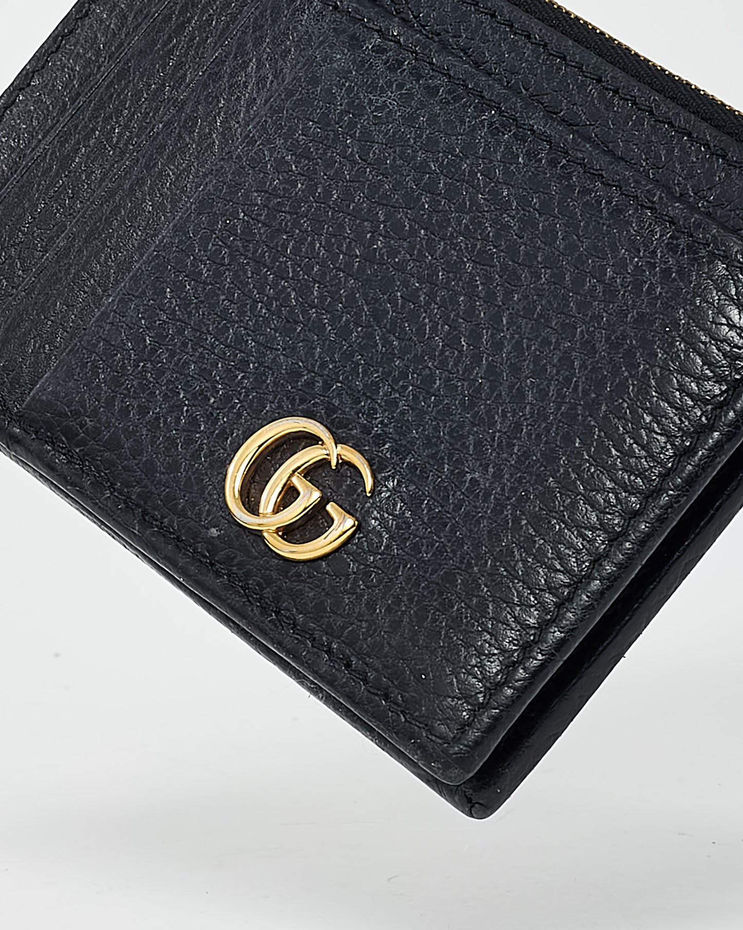 Gucci Black Pebbled Leather GG Marmont Zip Card Case Wallet