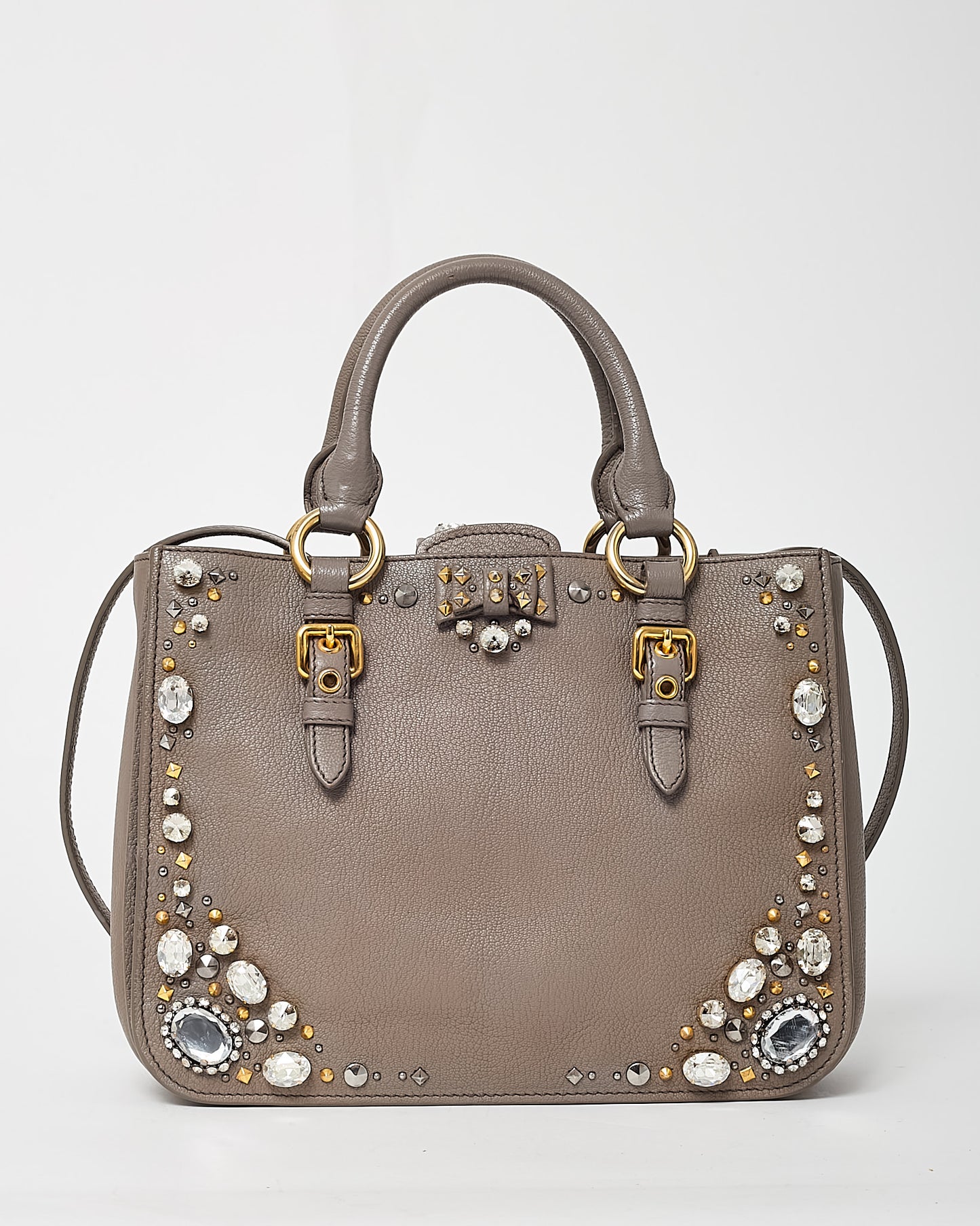 Miu Miu Grey Leather Crystal Embellished Studded Madras 2Way Tote Bag