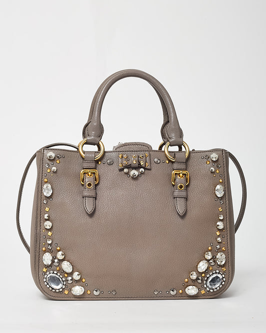Miu Miu Grey Leather Crystal Embellished Studded Madras 2Way Tote Bag