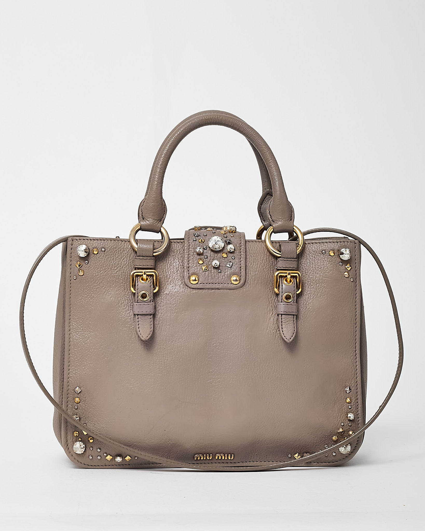 Buy Miu Miu Grey Leather Crystal Embellished Studded Madras 2Way