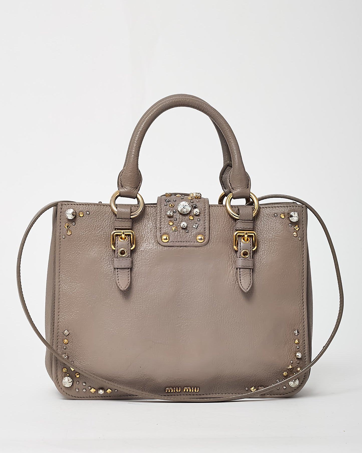 Miu Miu Grey Leather Crystal Embellished Studded Madras 2Way Tote Bag