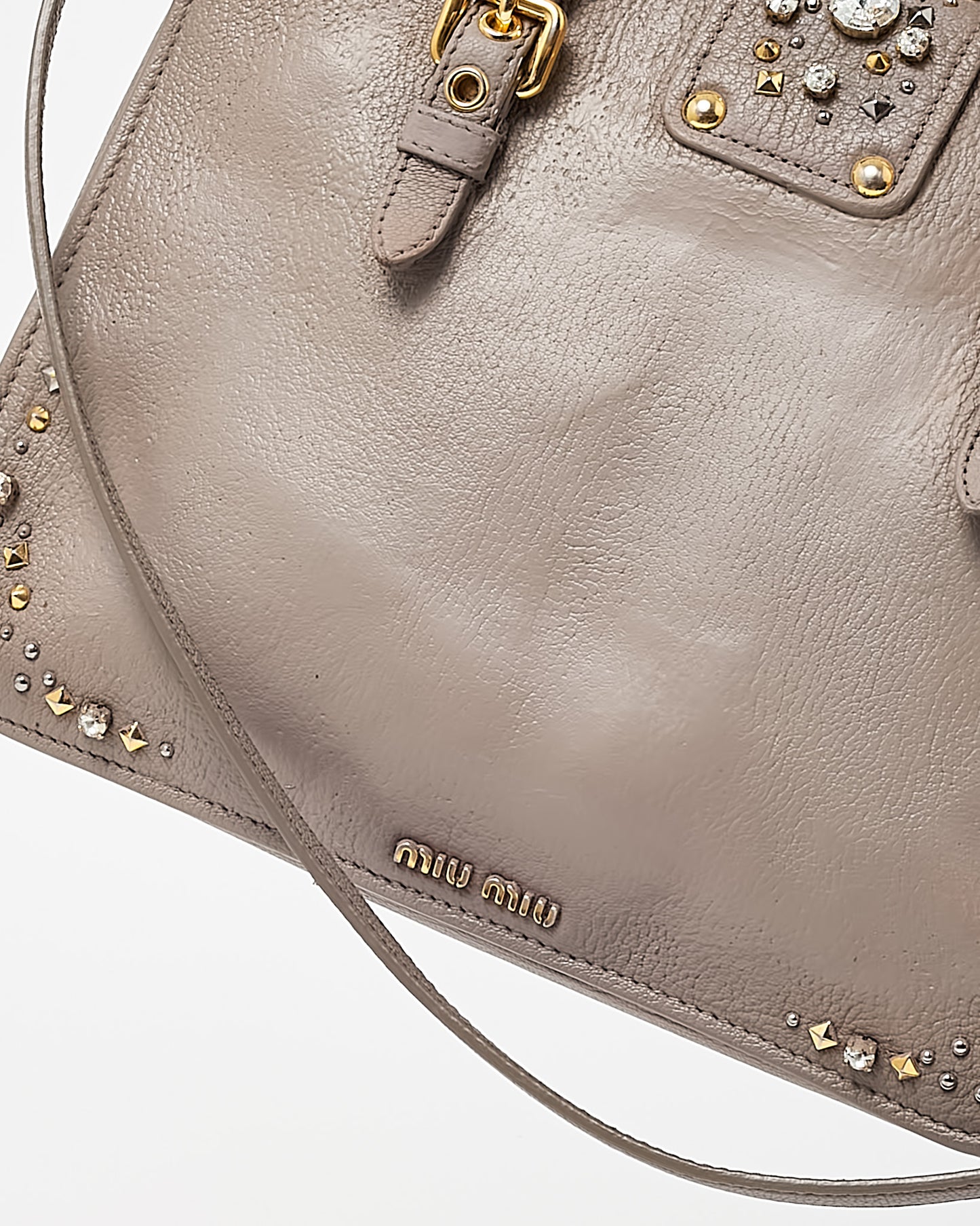 Miu Miu Grey Leather Crystal Embellished Studded Madras 2Way Tote Bag