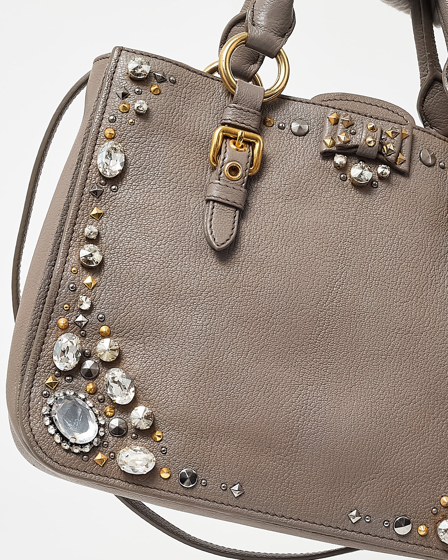 Miu Miu Grey Leather Crystal Embellished Studded Madras 2Way Tote Bag
