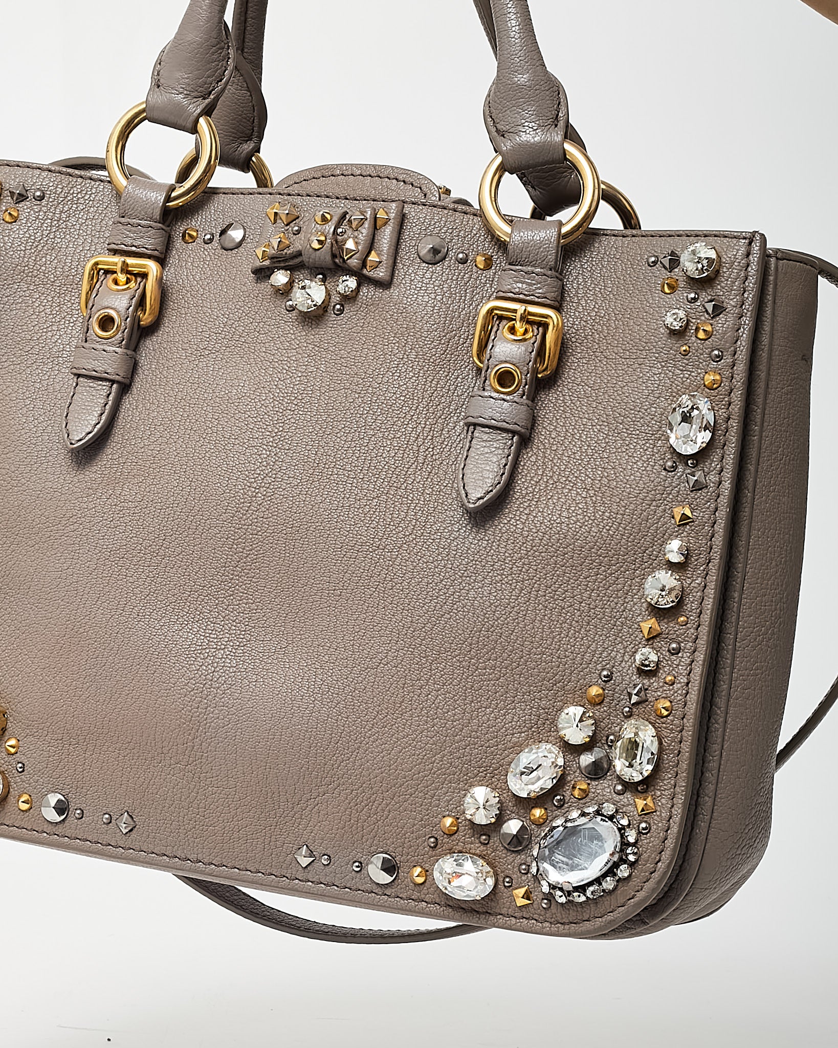 Buy Miu Miu Grey Leather Crystal Embellished Studded Madras 2Way