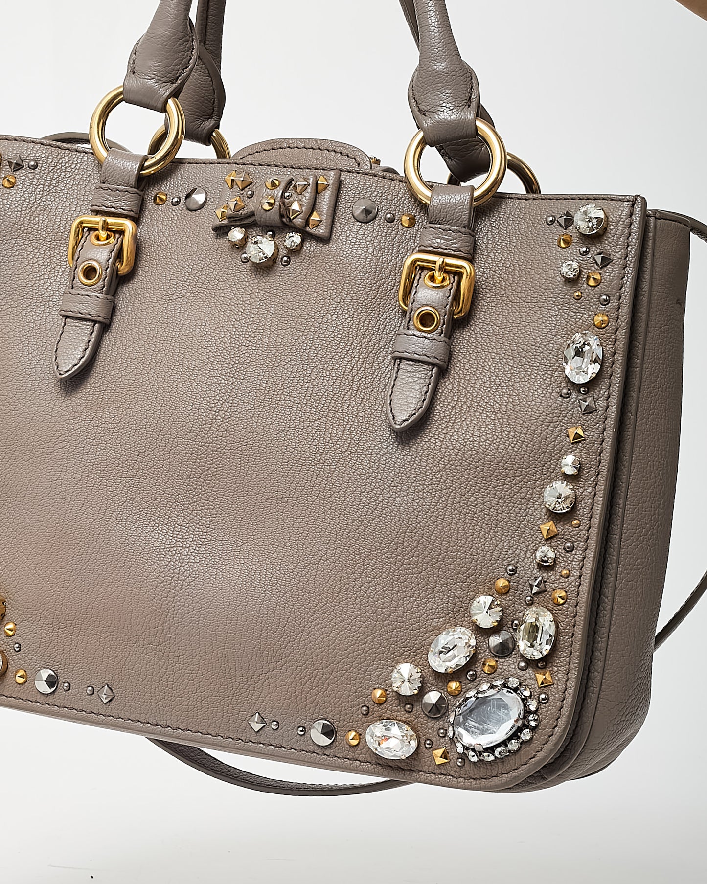 Miu Miu Grey Leather Crystal Embellished Studded Madras 2Way Tote Bag