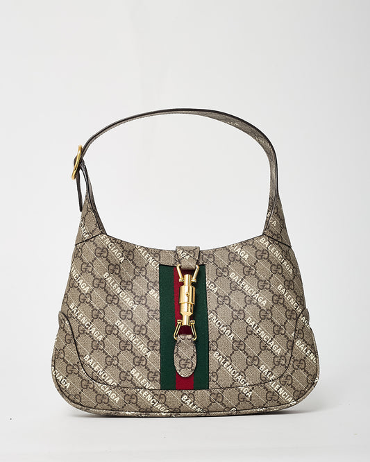 Gucci x Balenciaga GG Monogram Striped Logo Print Coated Canvas Web Small Jackie 1961 Hobo Bag