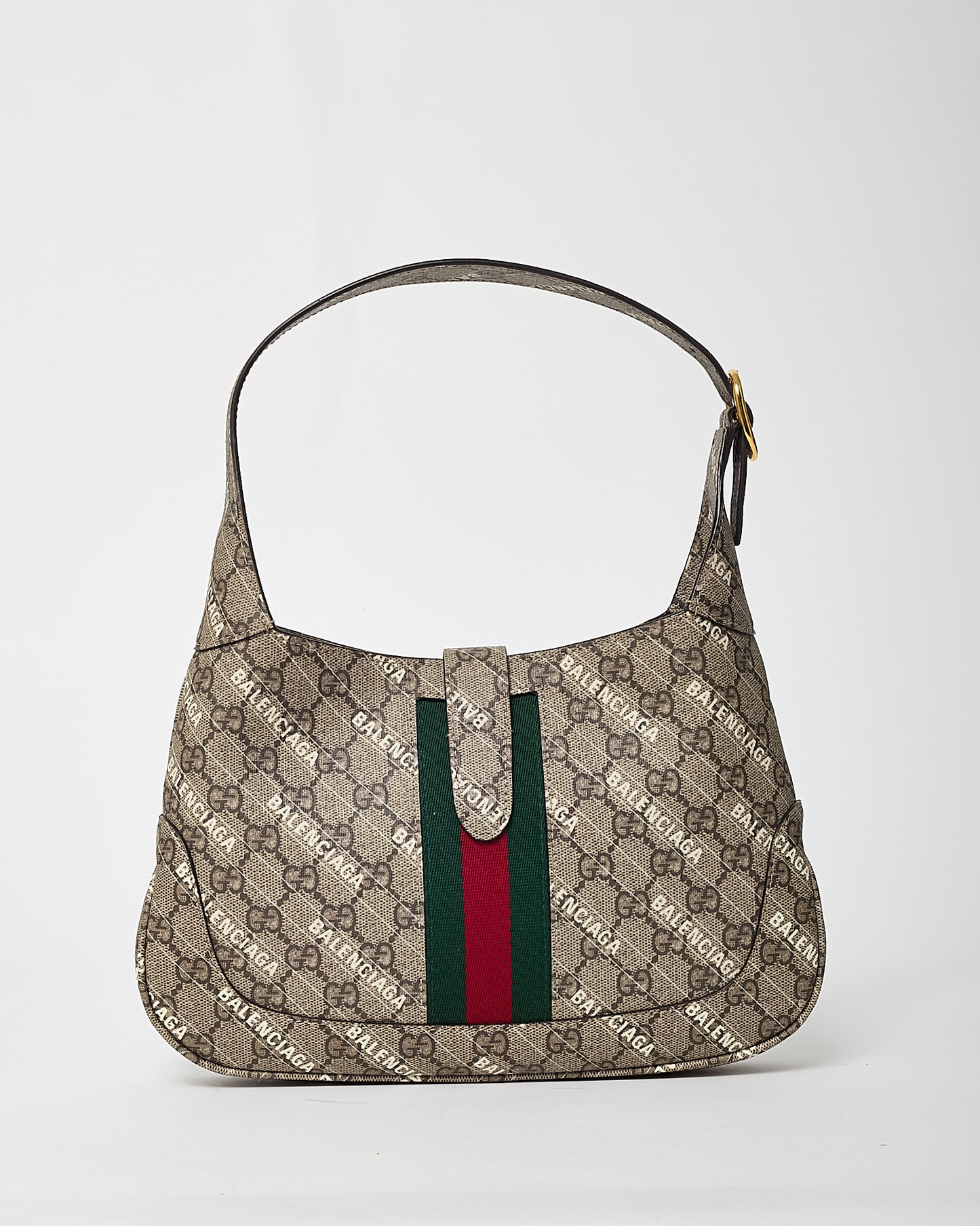 Gucci x Balenciaga GG Monogram Striped Logo Print Coated Canvas Web Small Jackie 1961 Hobo Bag